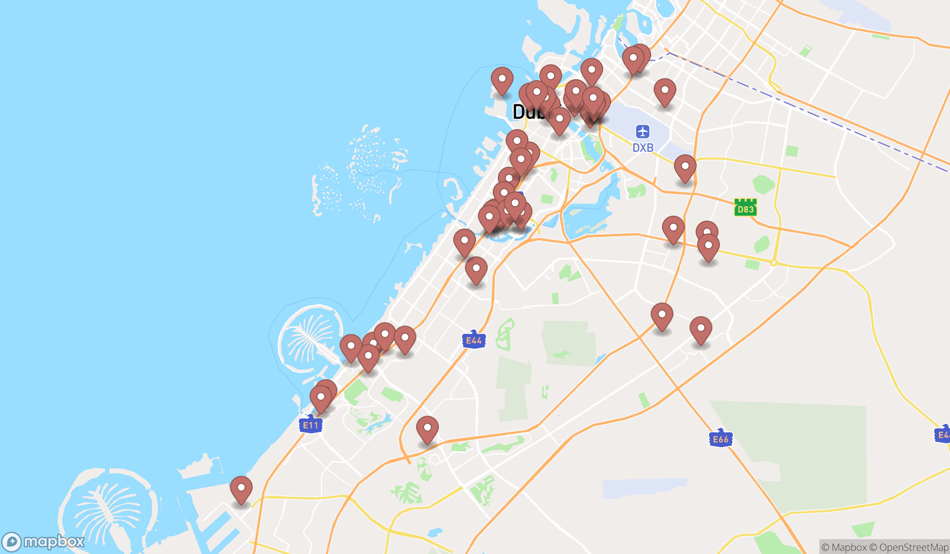Map showing the search results in Dubai