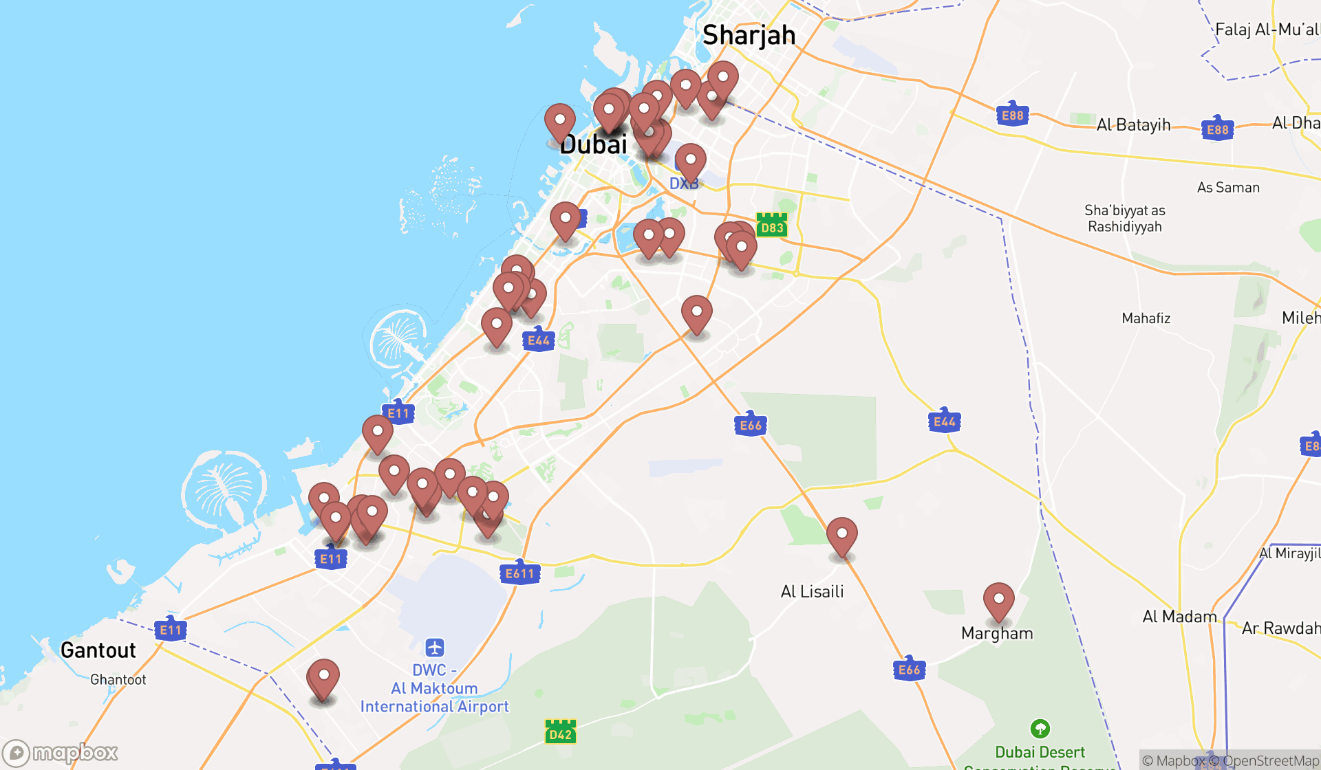 Map showing the search results in Dubai