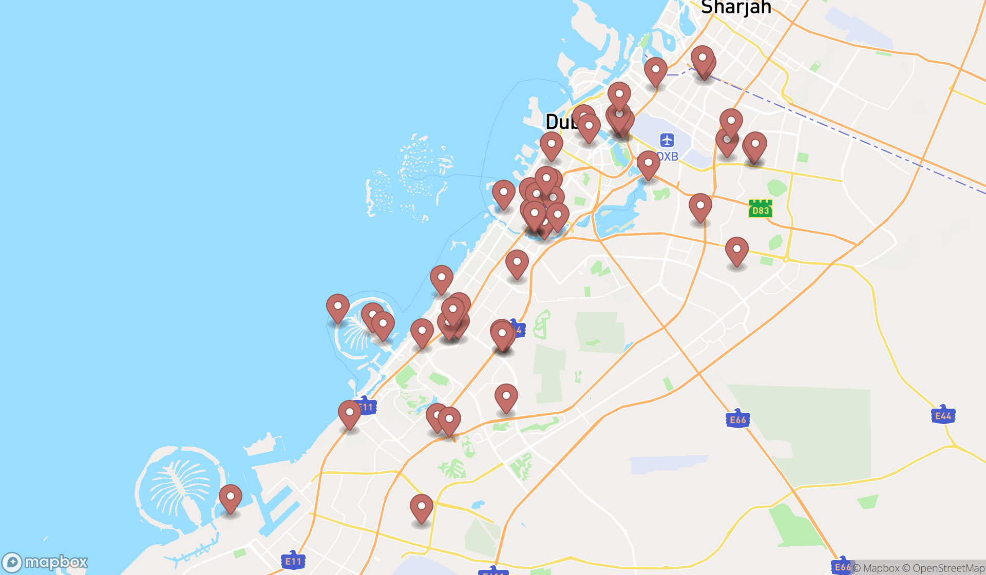 Map showing the search results in Dubai