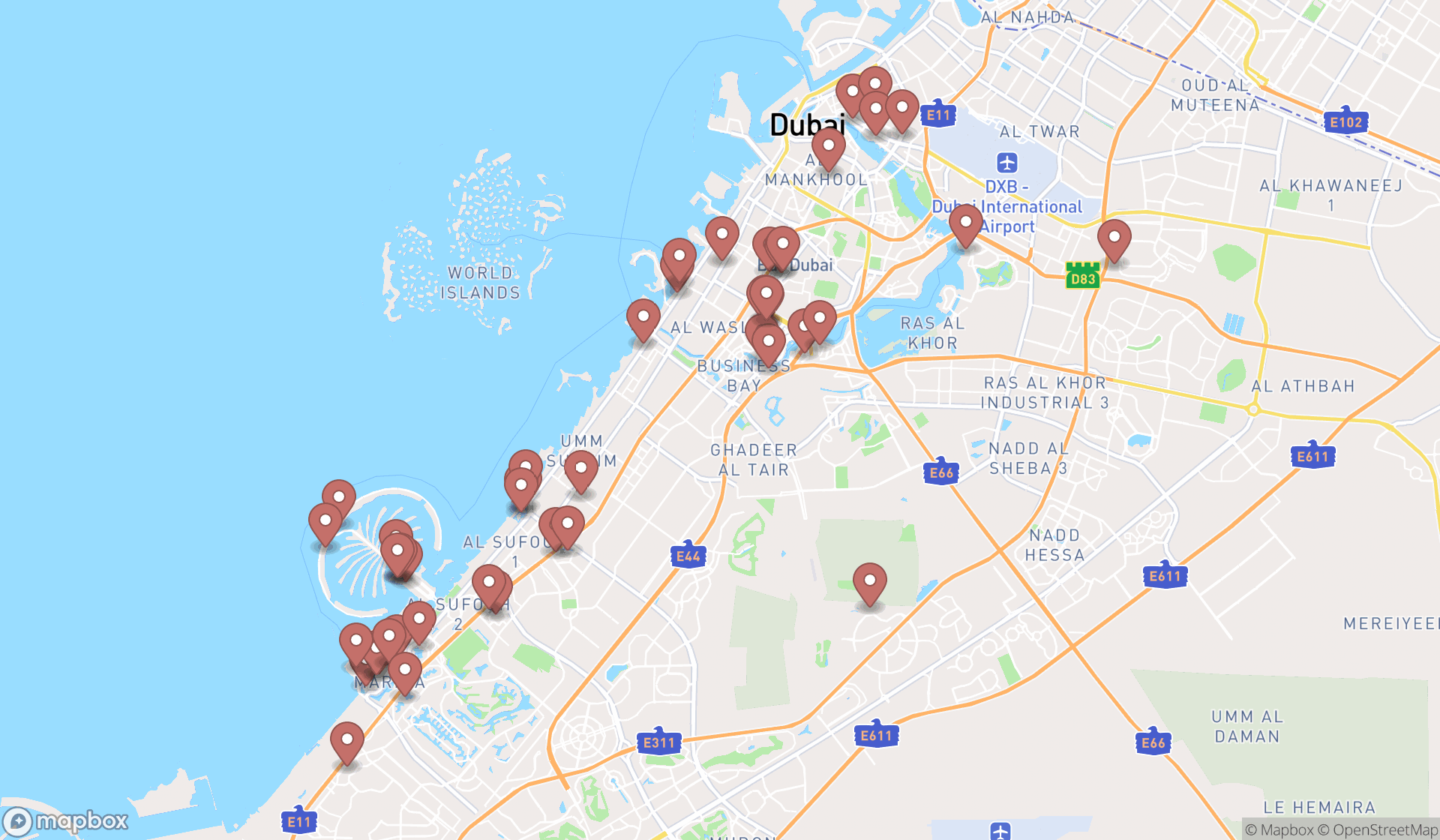 Map showing the search results in Dubai