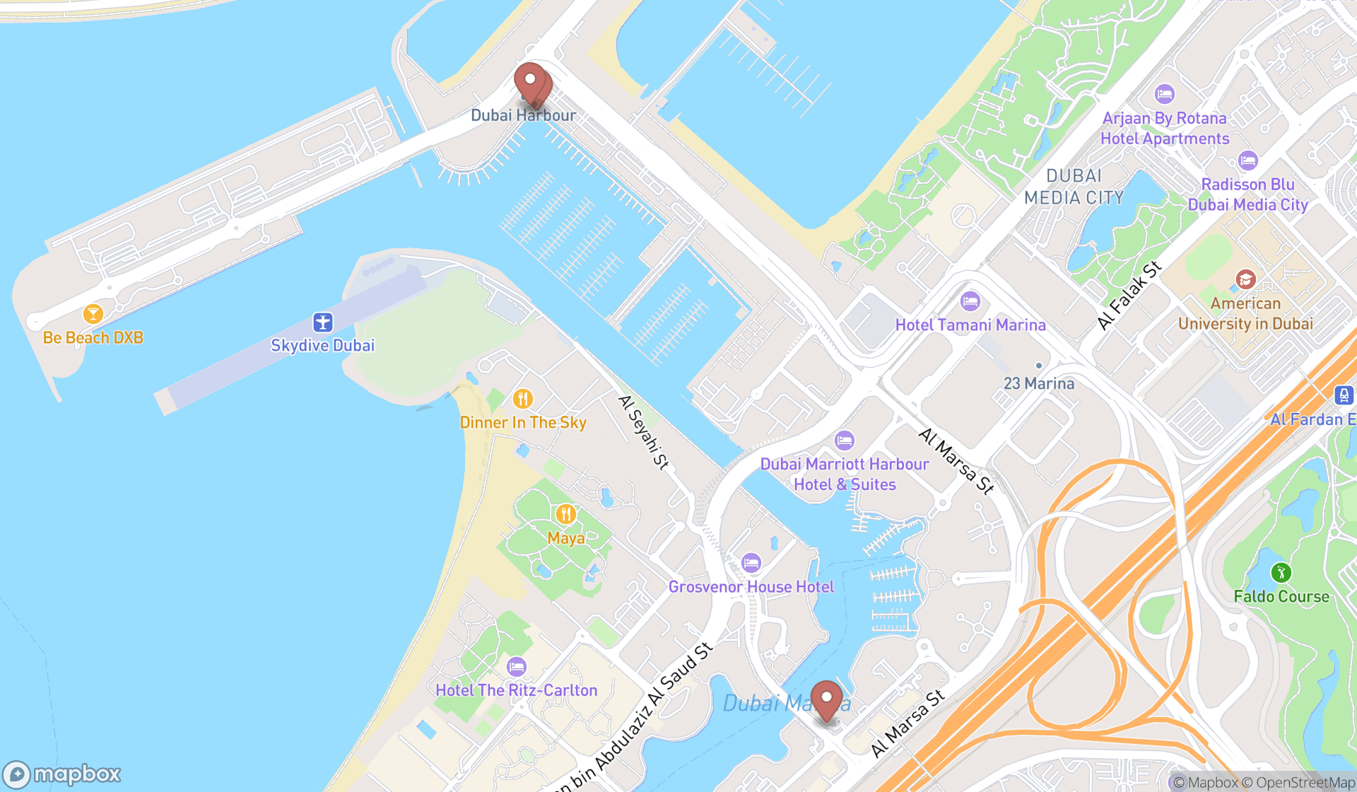Map showing the search results in Dubai
