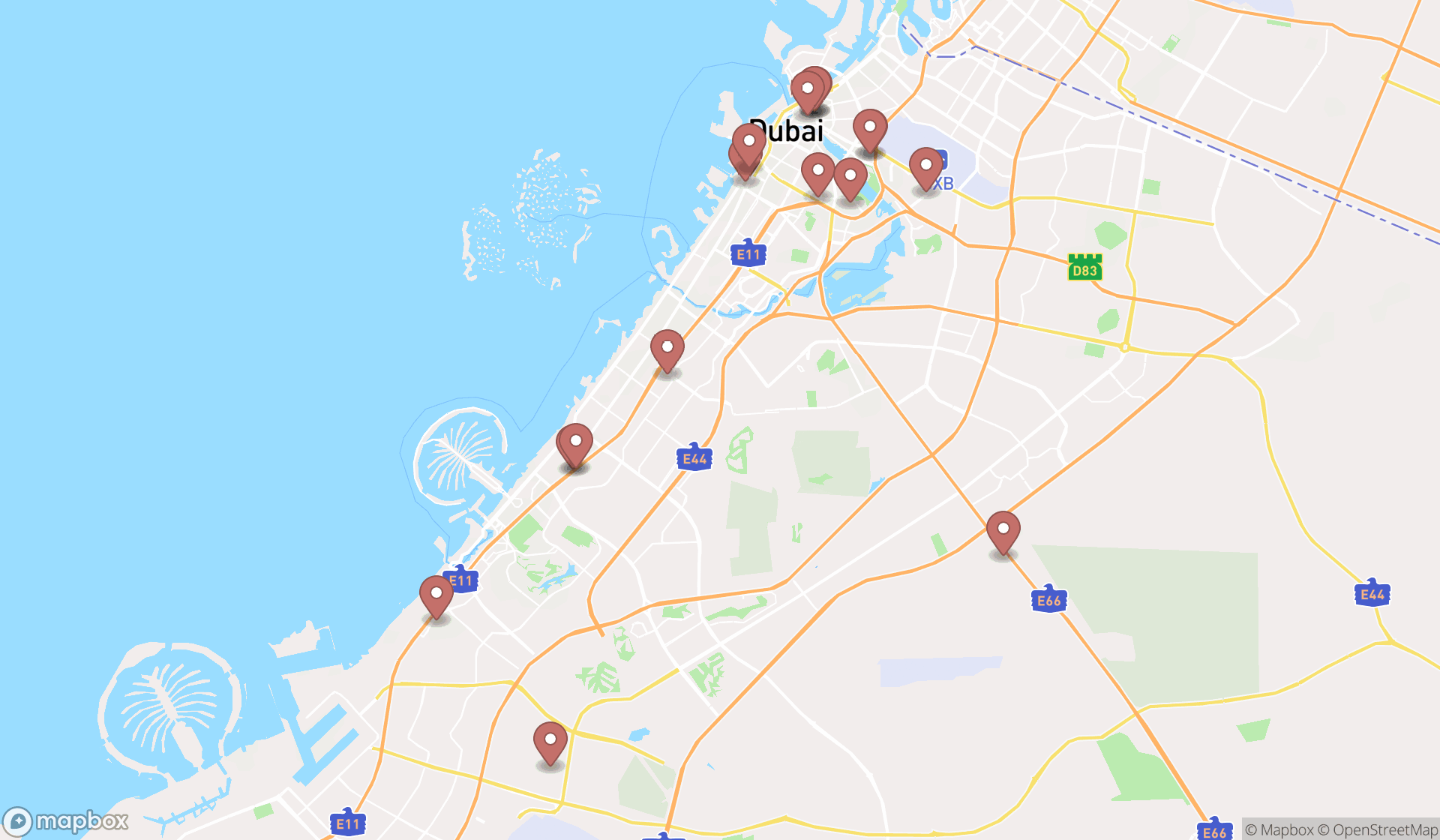 Map showing the search results in Dubai