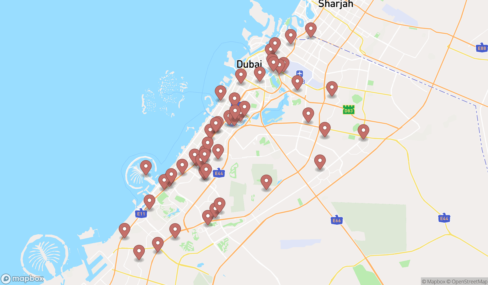Map showing the search results in Dubai