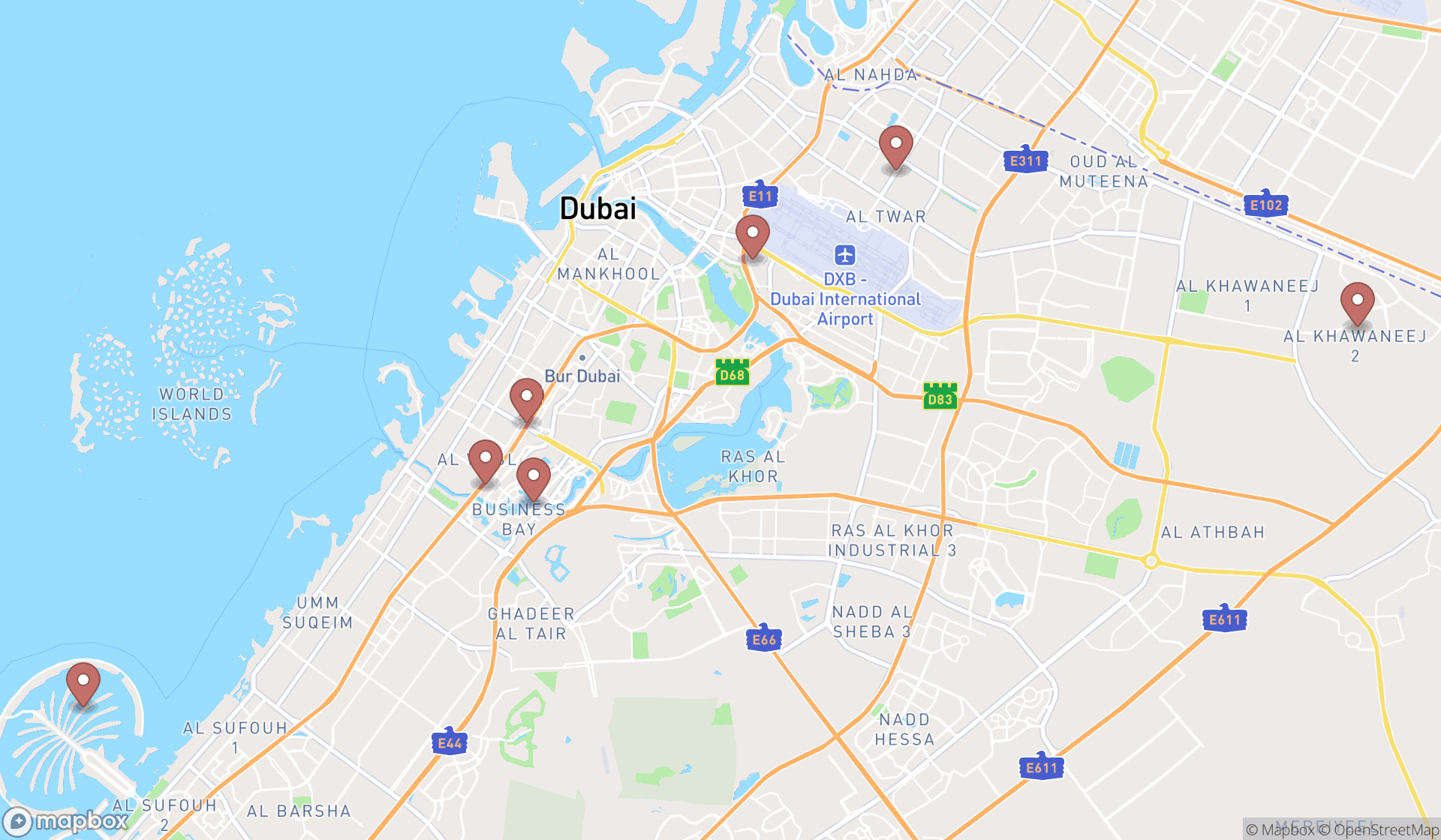 Map showing the search results in Dubai