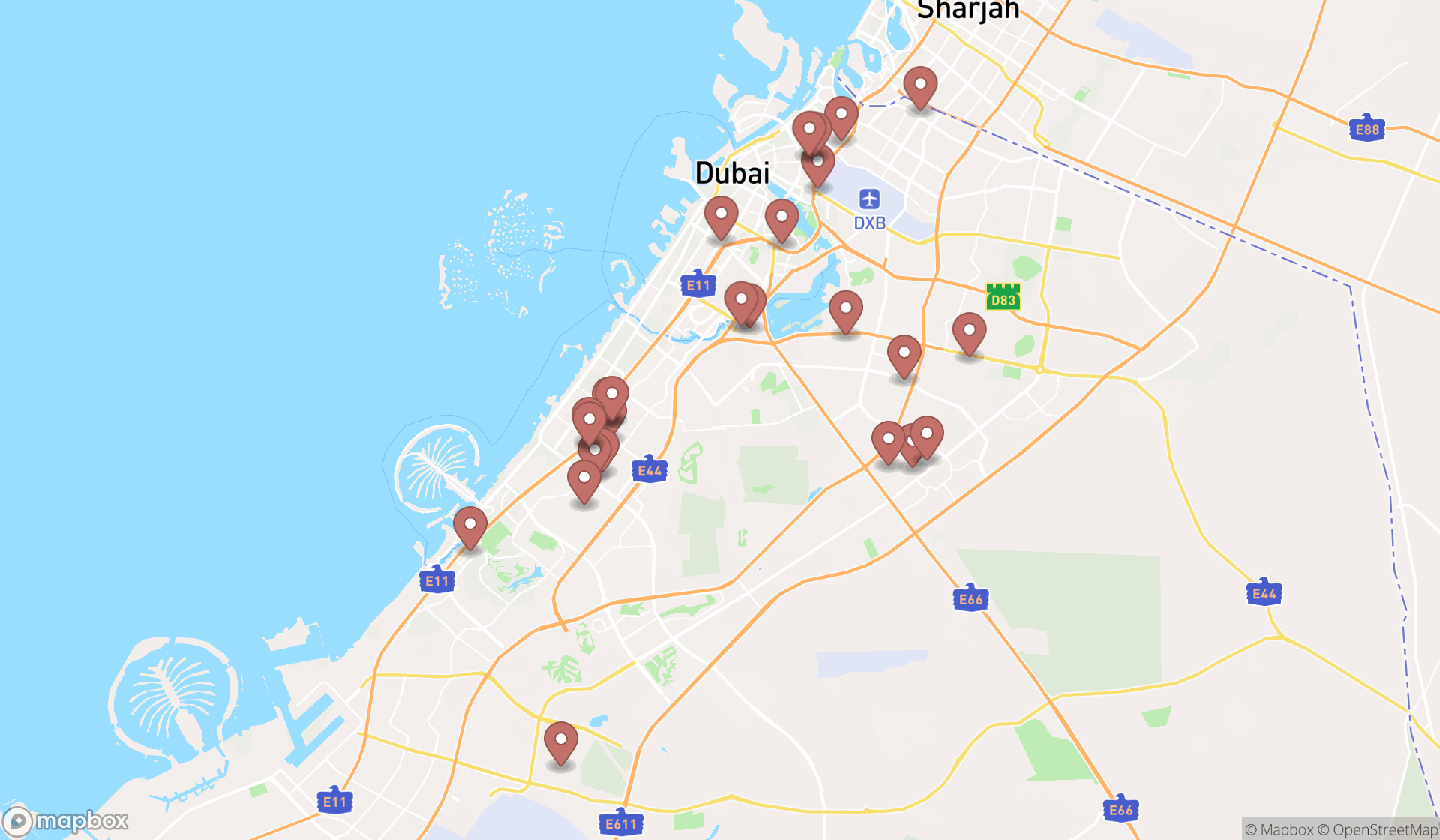 Map showing the search results in Dubai