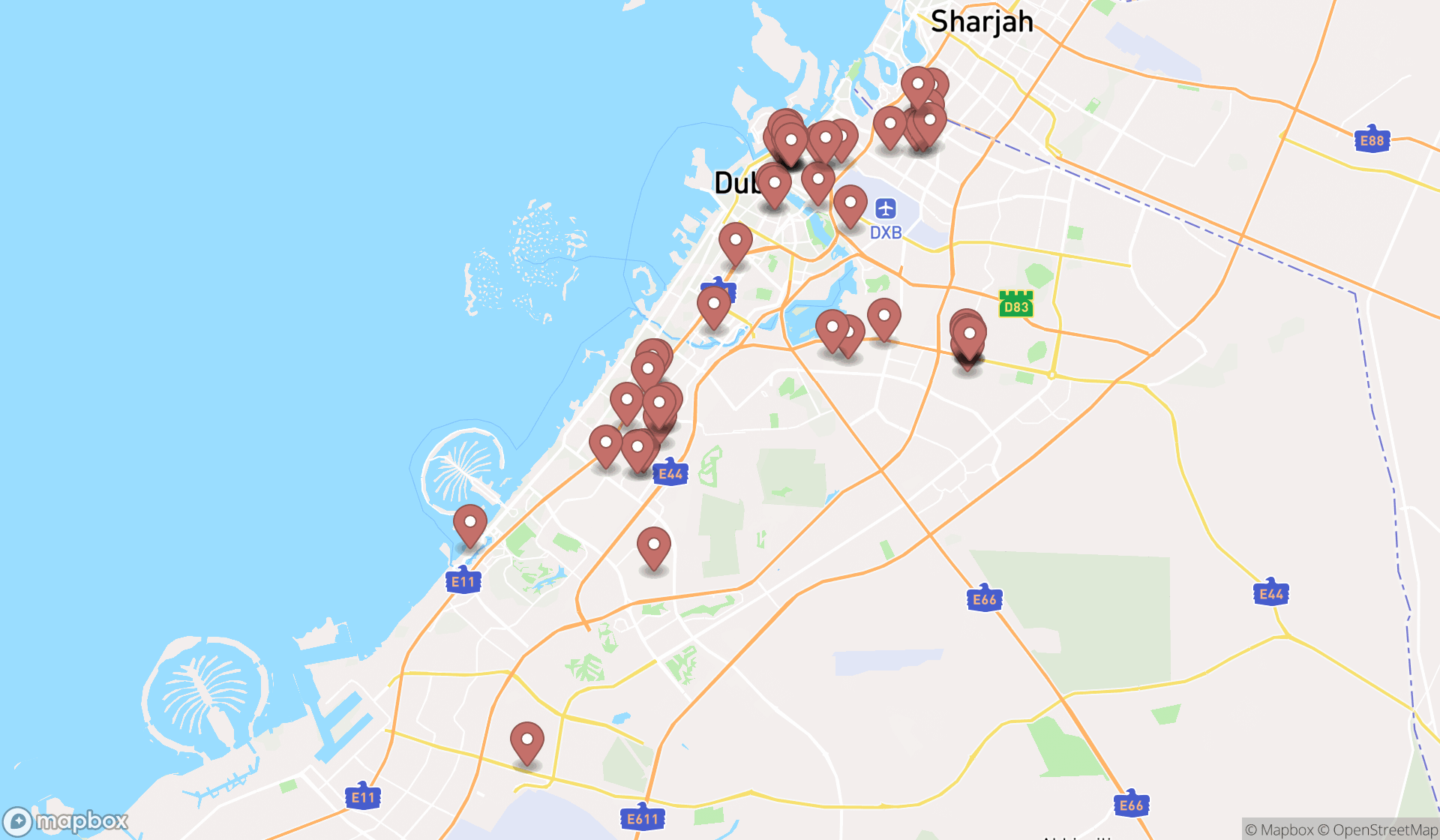 Map showing the search results in Dubai