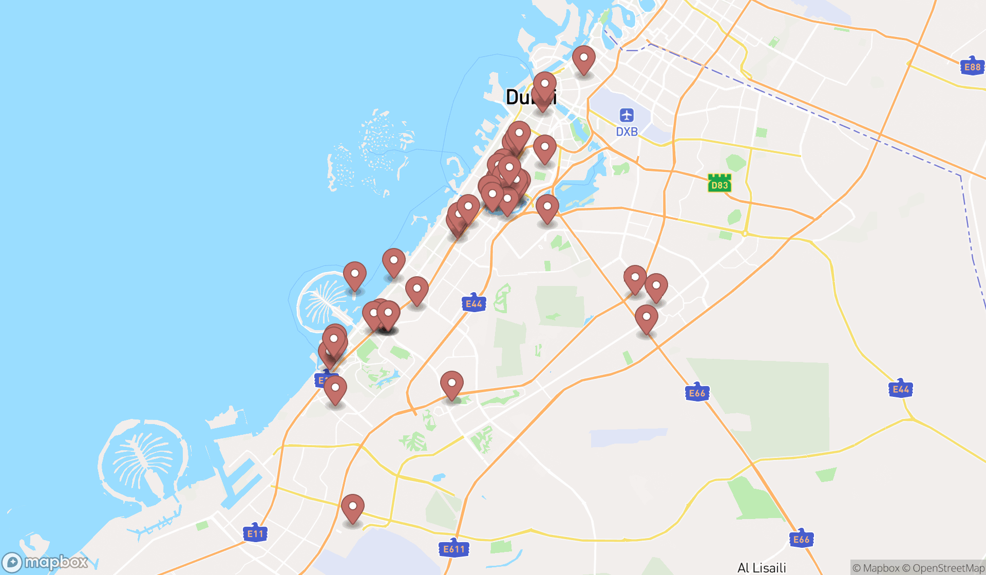 Map showing the search results in Dubai