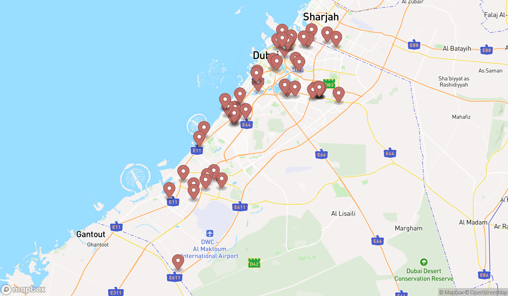 Map showing the search results in Dubai