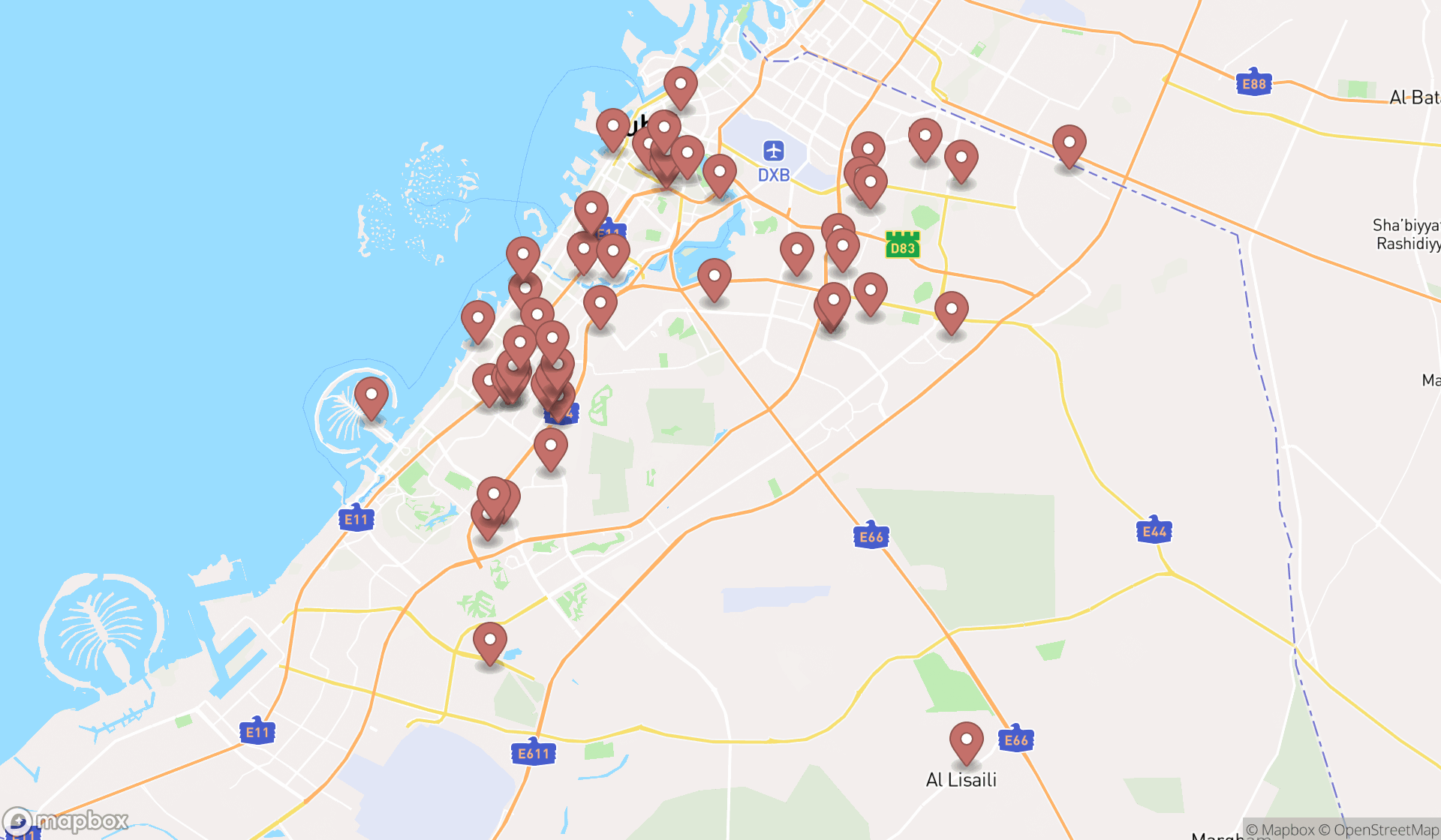Map showing the search results in Dubai