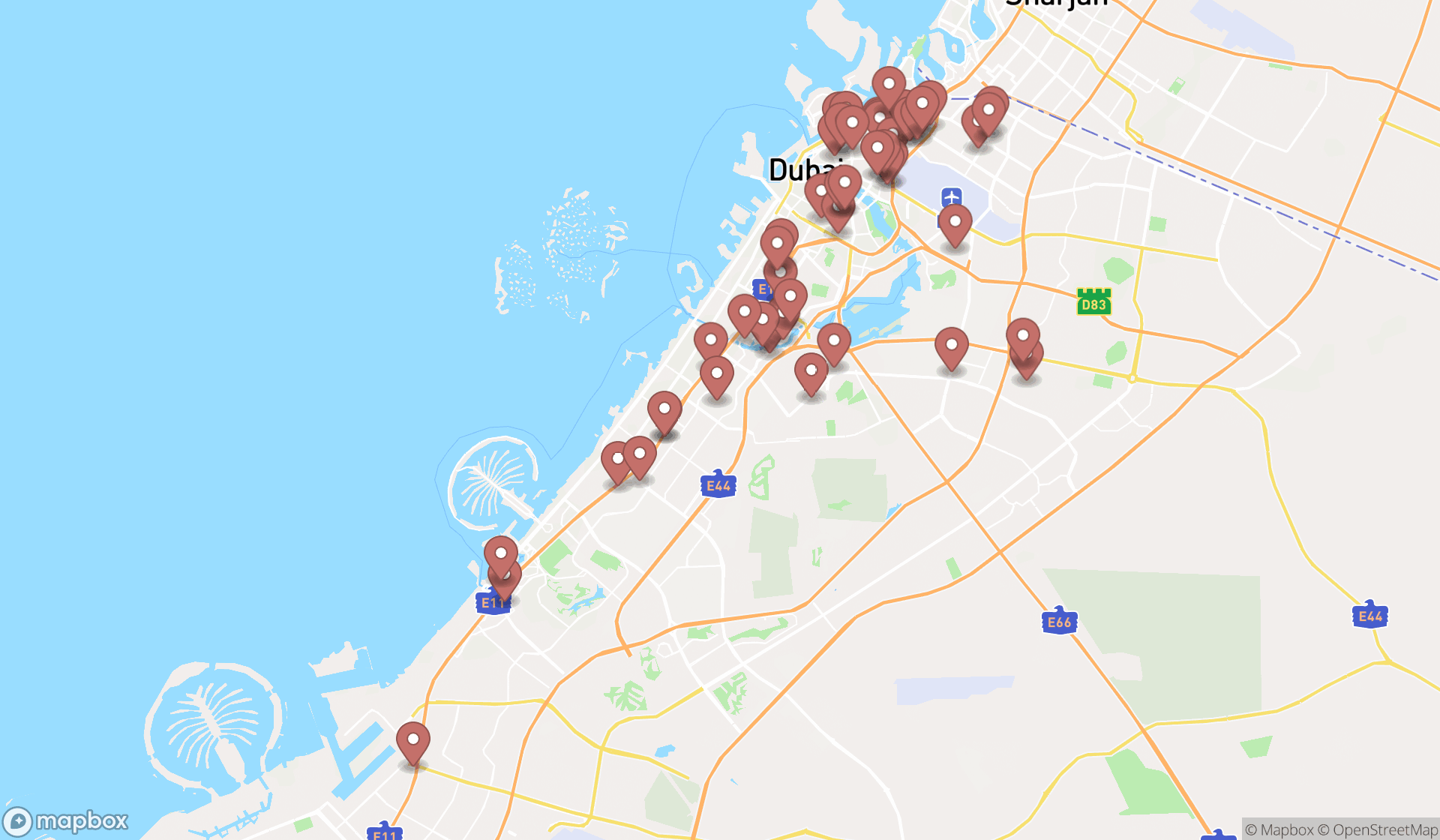 Map showing the search results in Dubai