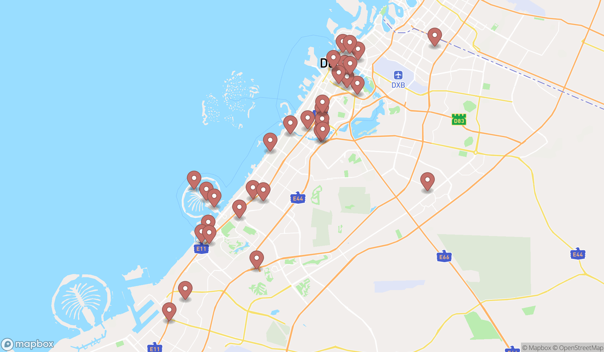 Map showing the search results in Dubai