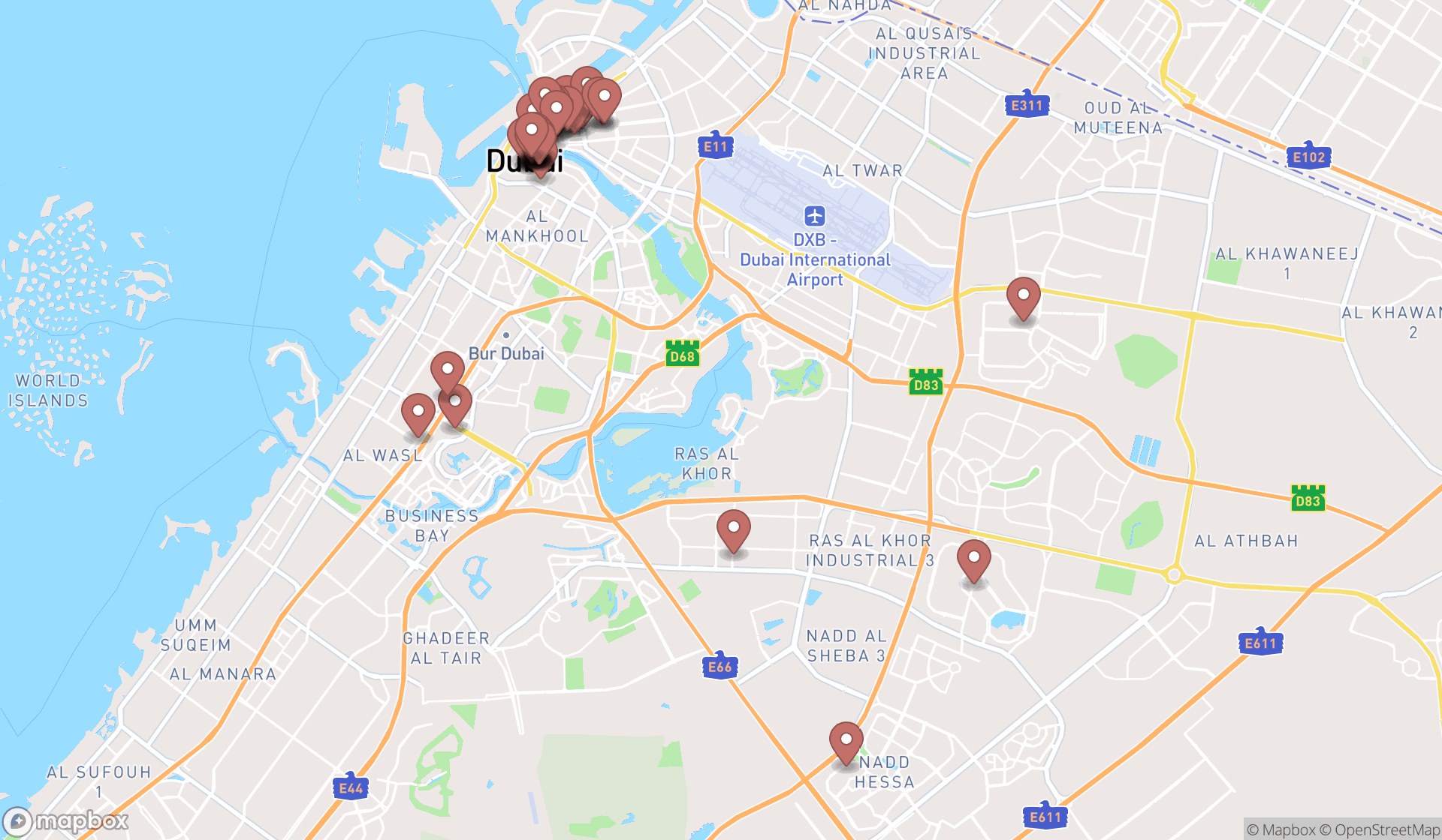 Map showing the search results in Dubai