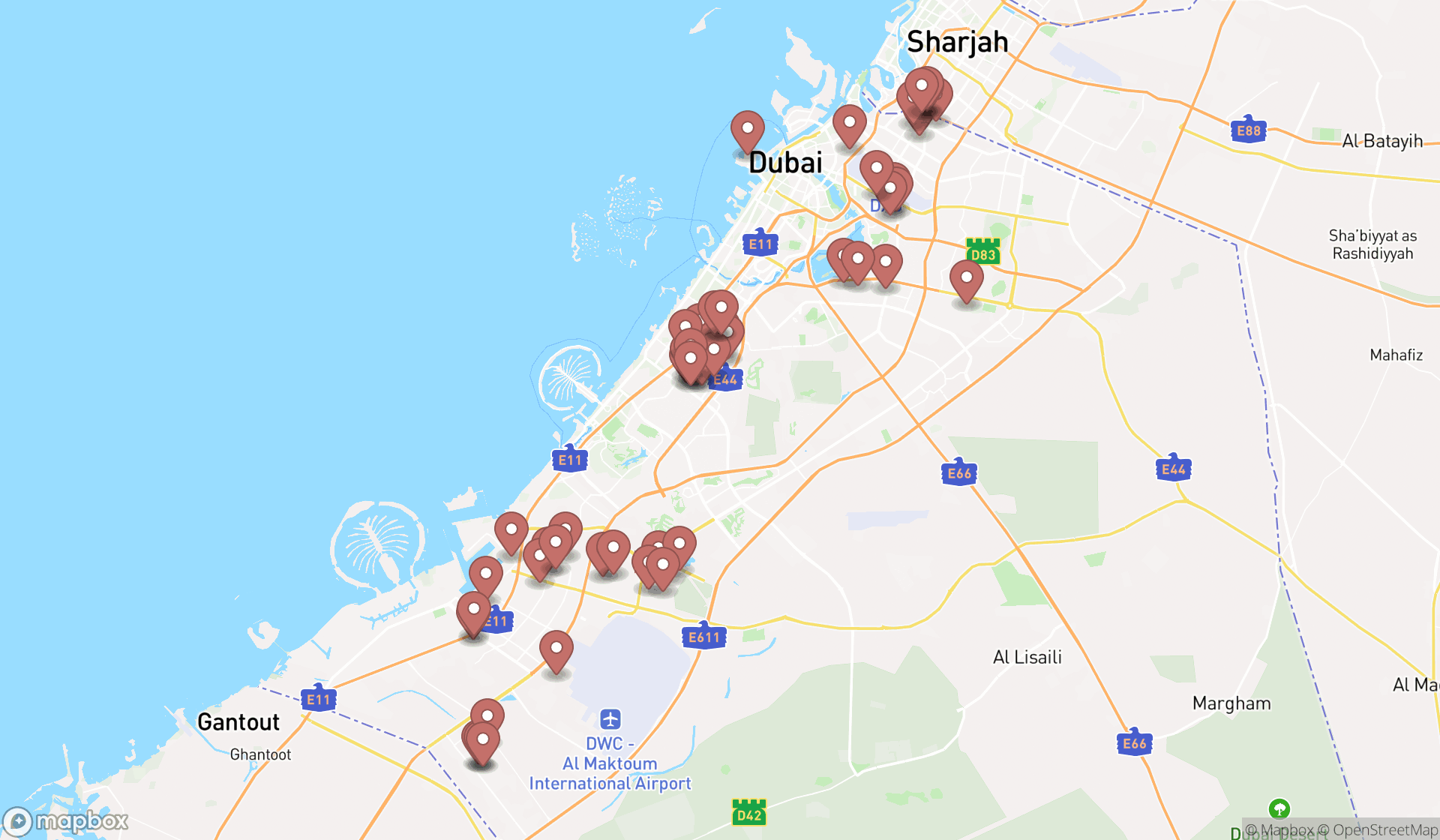 Map showing the search results in Dubai