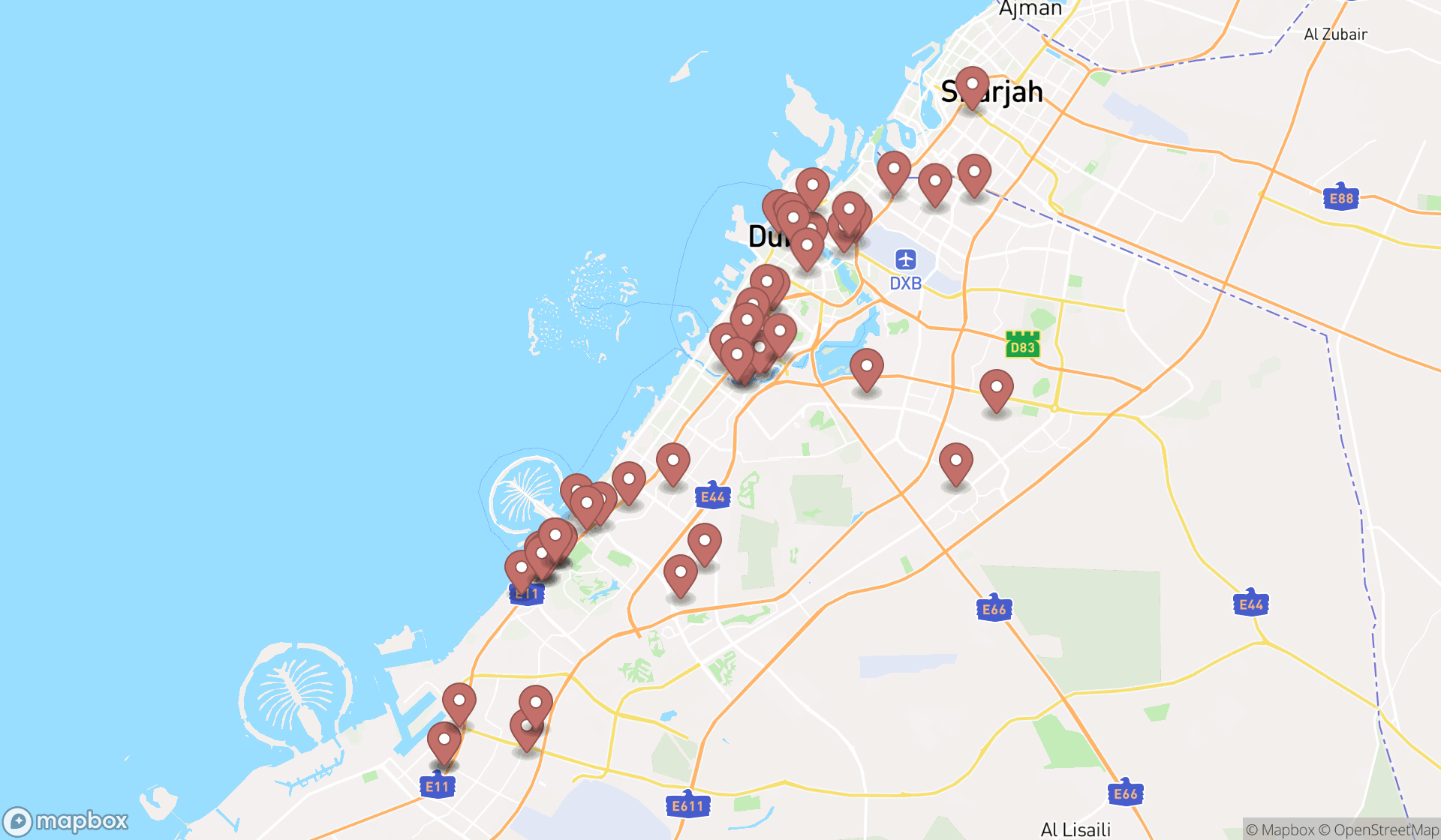 Map showing the search results in Dubai