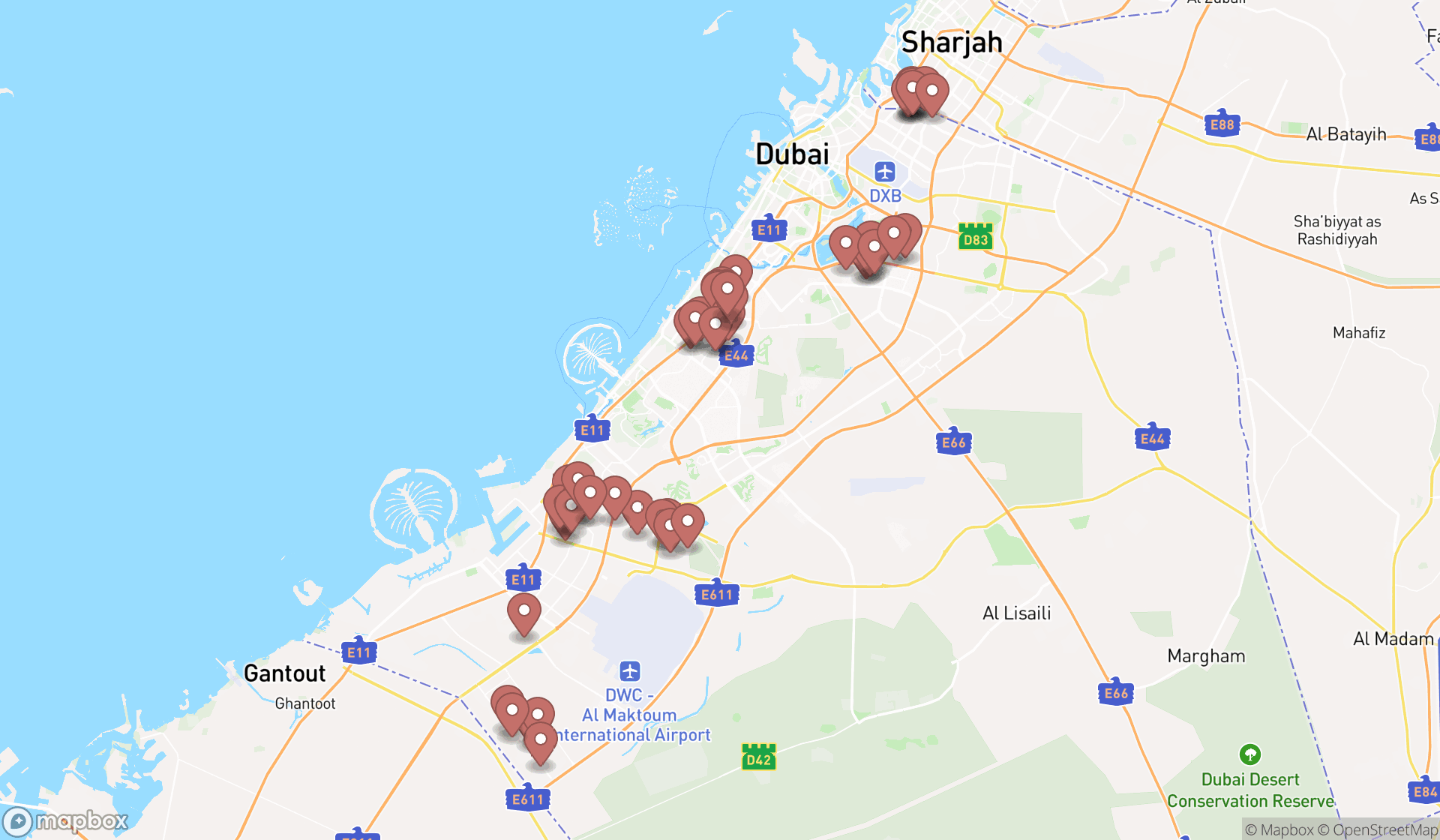 Map showing the search results in Dubai