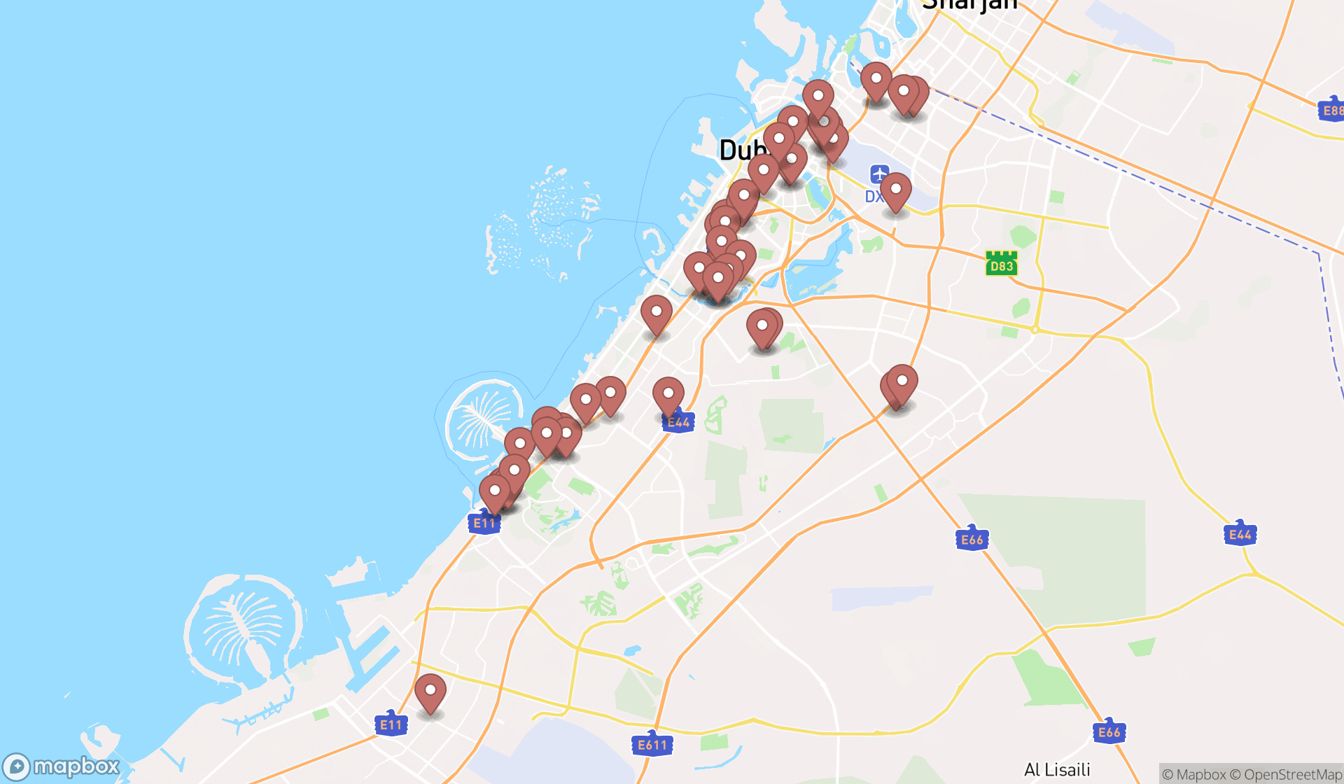 Map showing the search results in Dubai