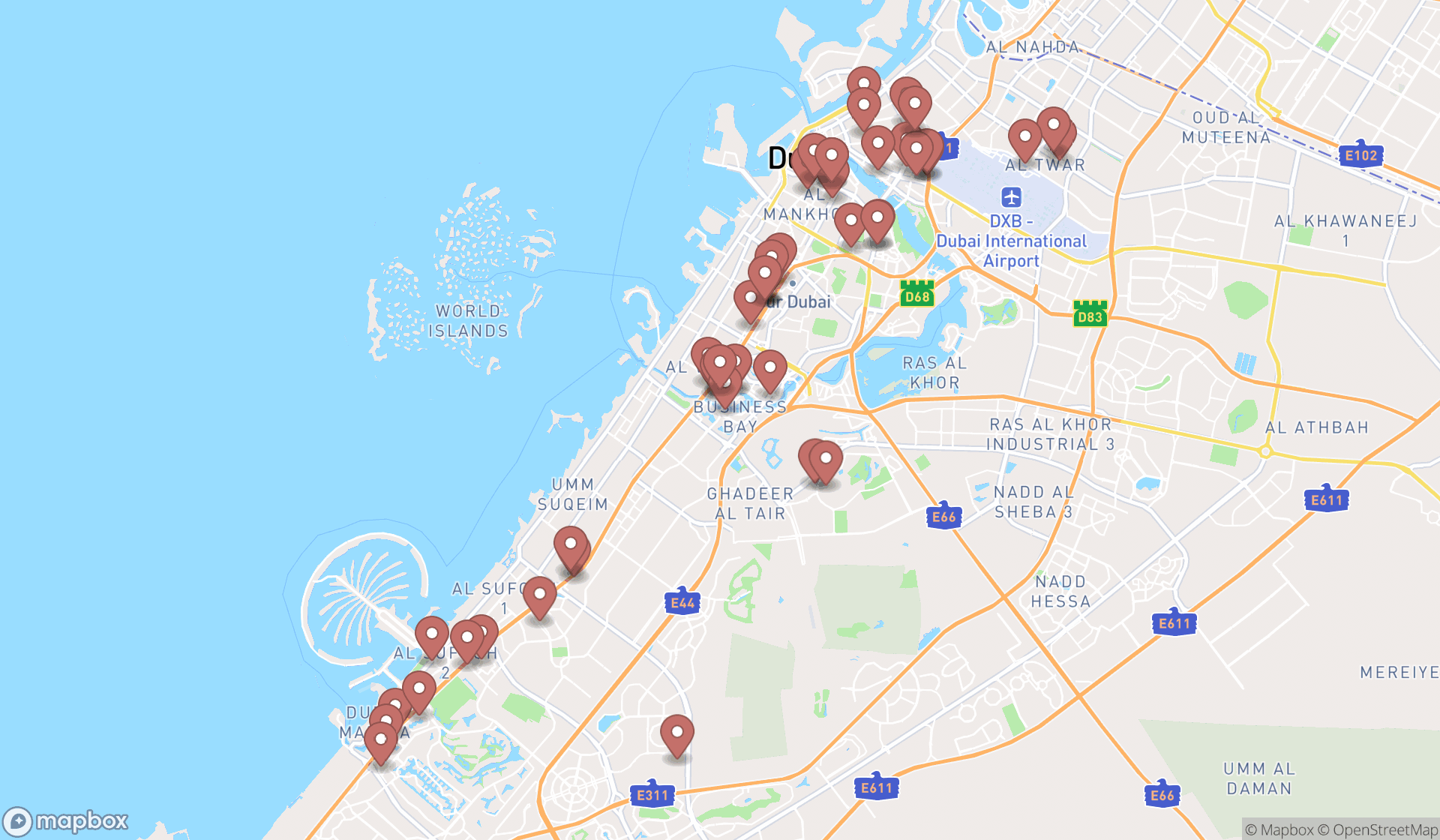 Map showing the search results in Dubai