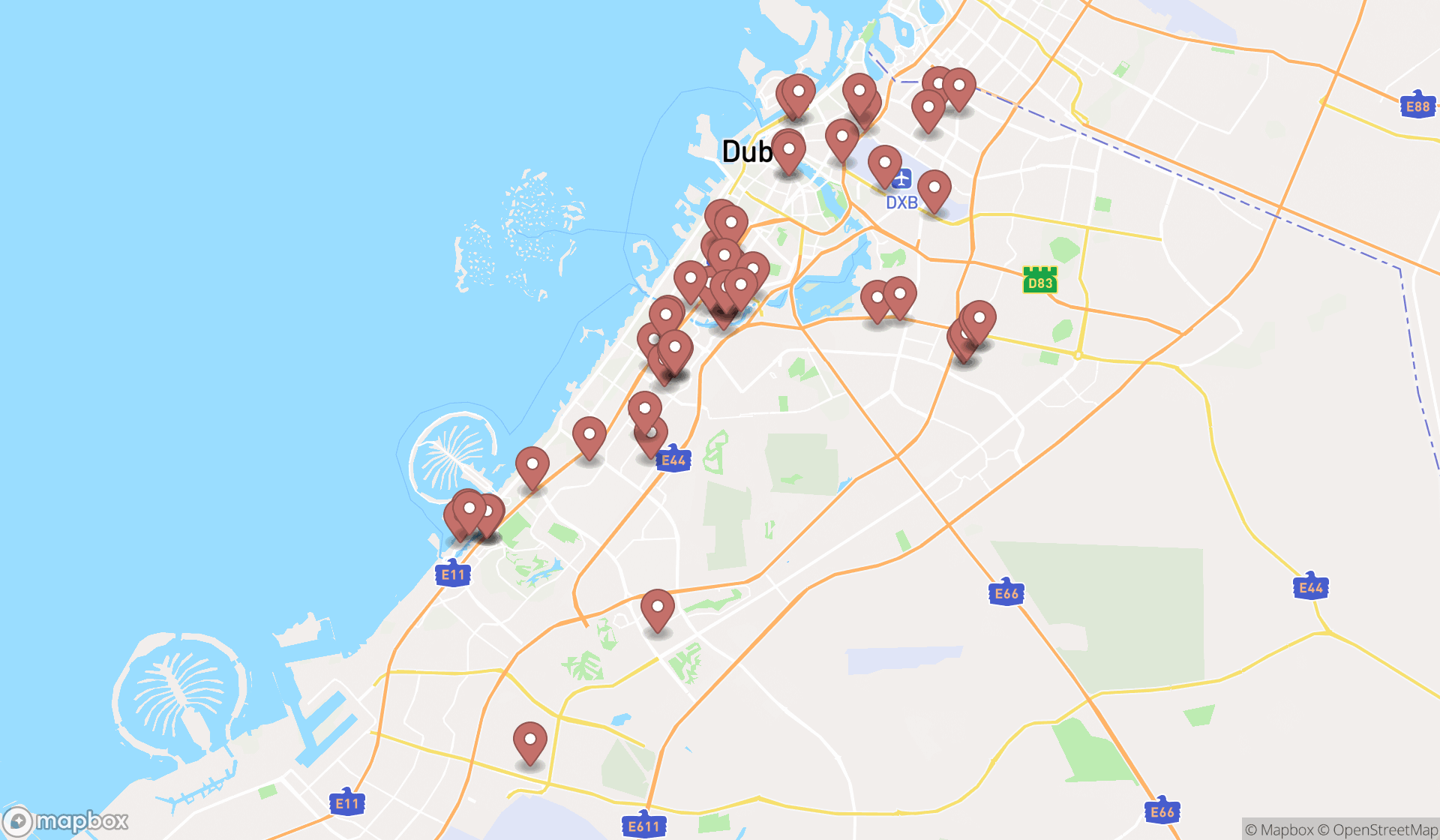 Map showing the search results in Dubai