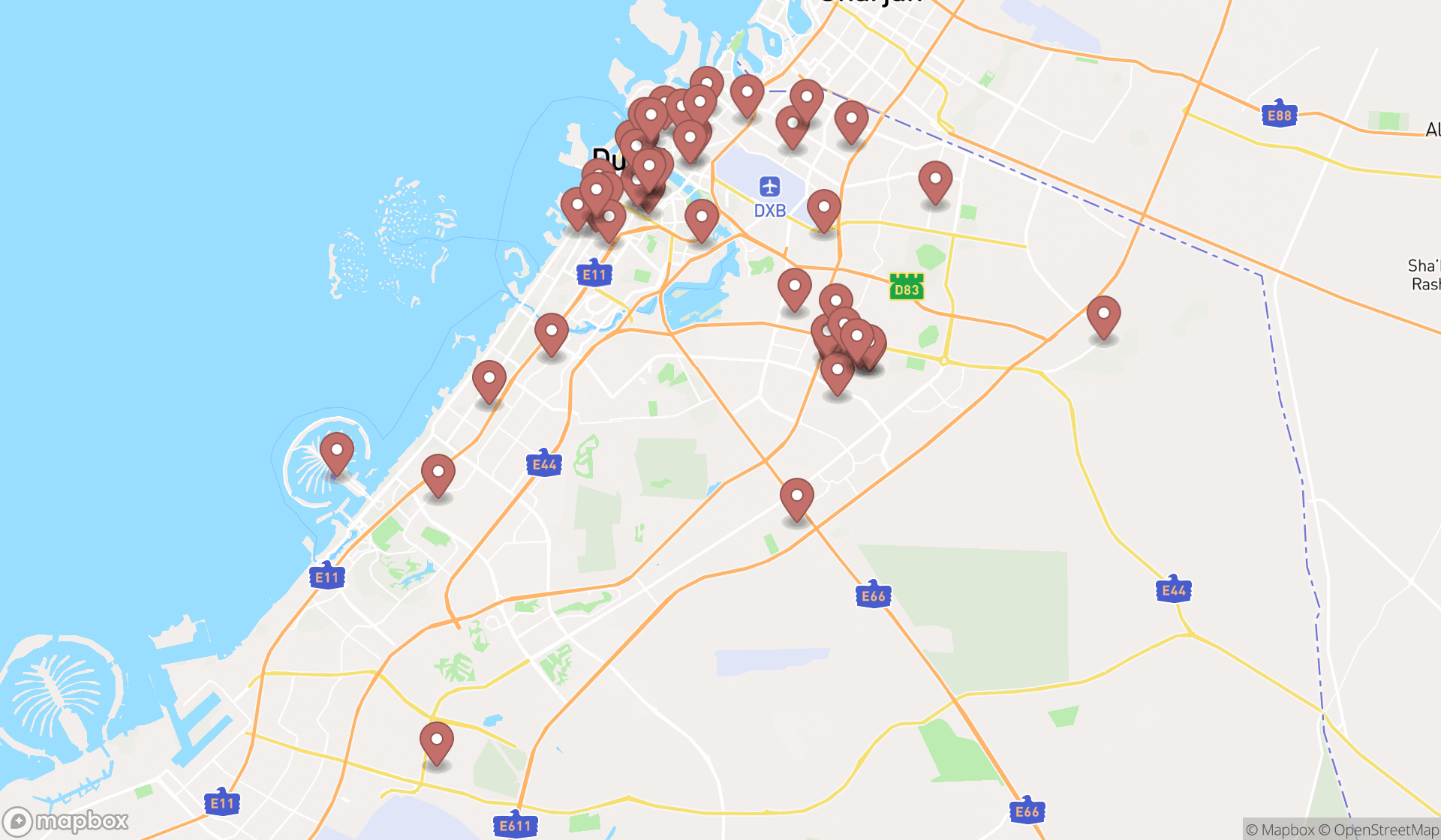 Map showing the search results in Dubai