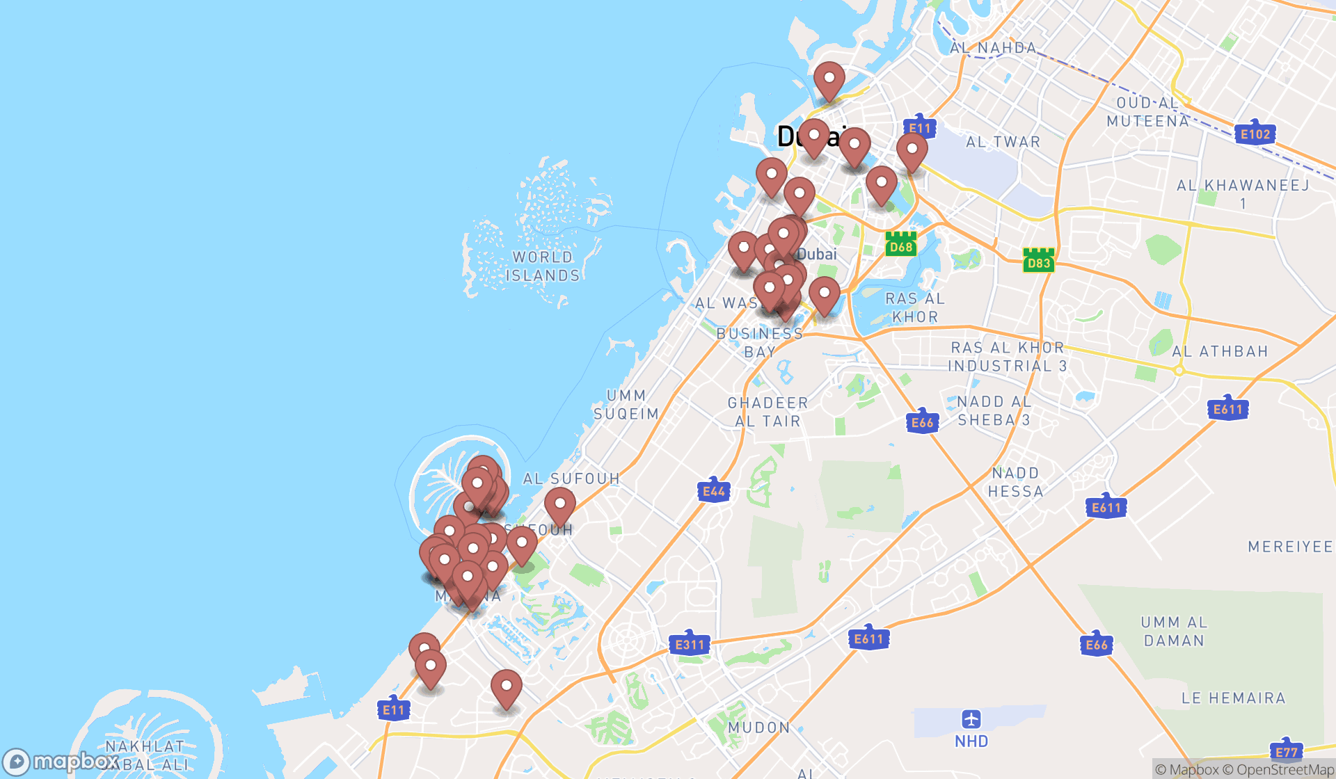 Map showing the search results in Dubai