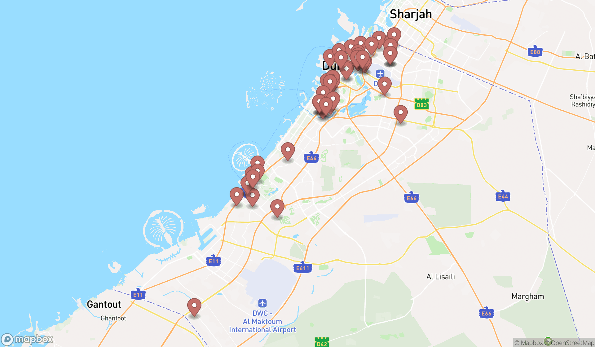 Map showing the search results in Dubai