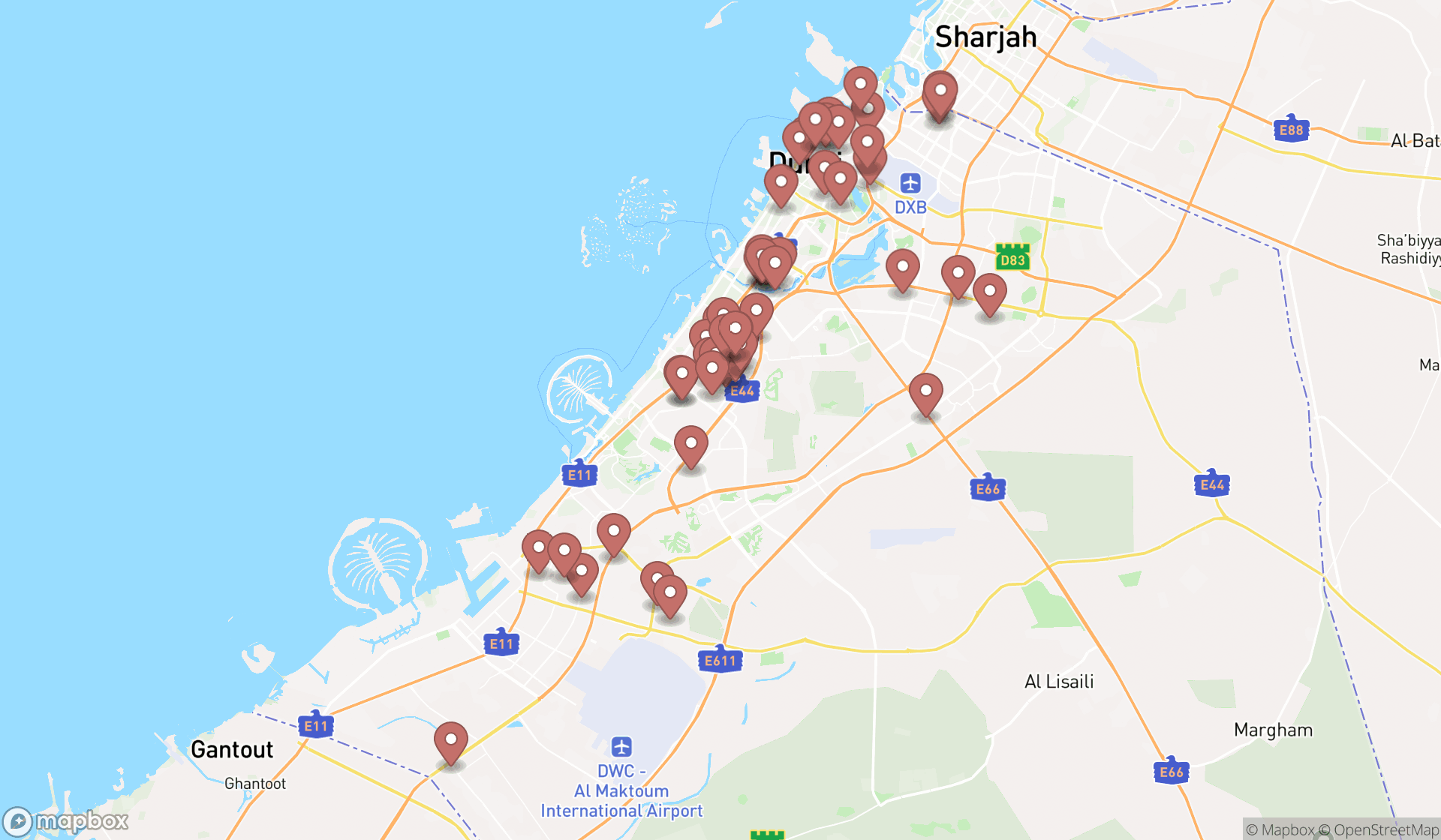 Map showing the search results in Dubai