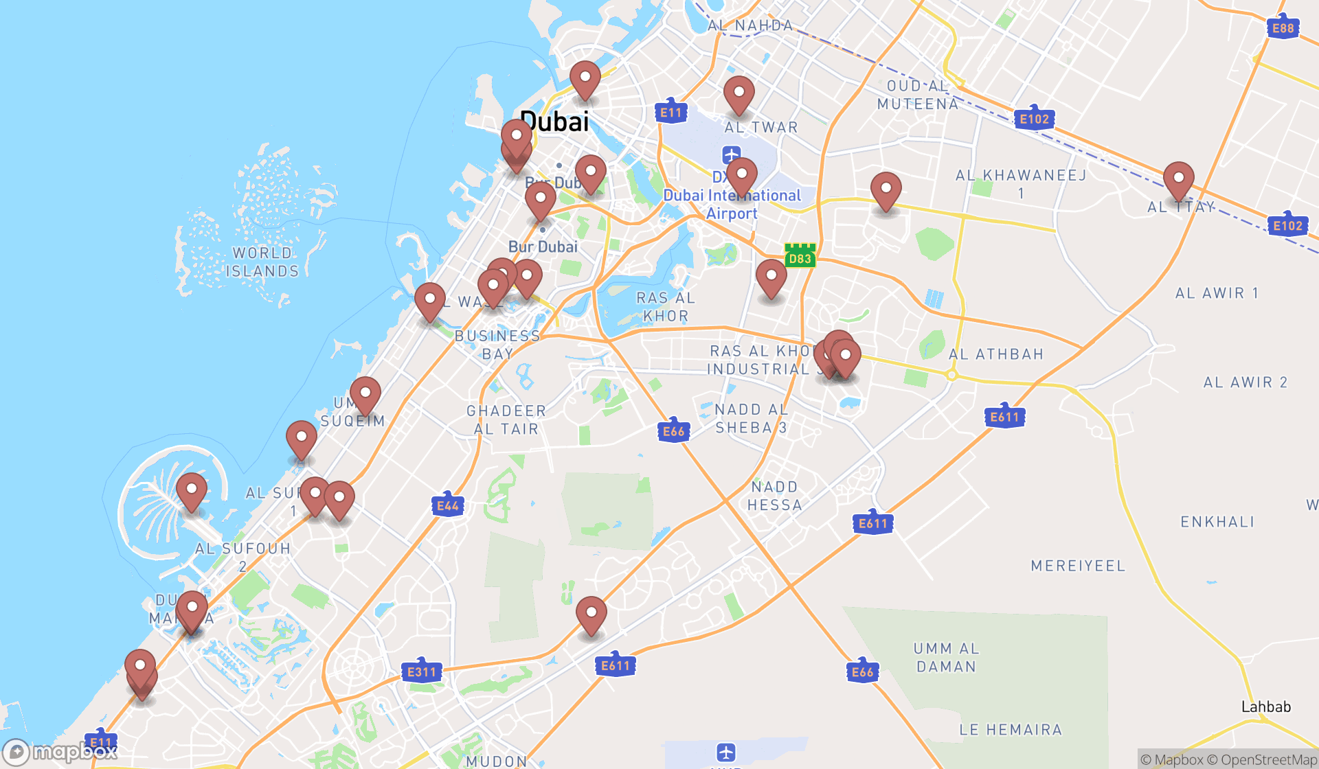 Map showing the search results in Dubai