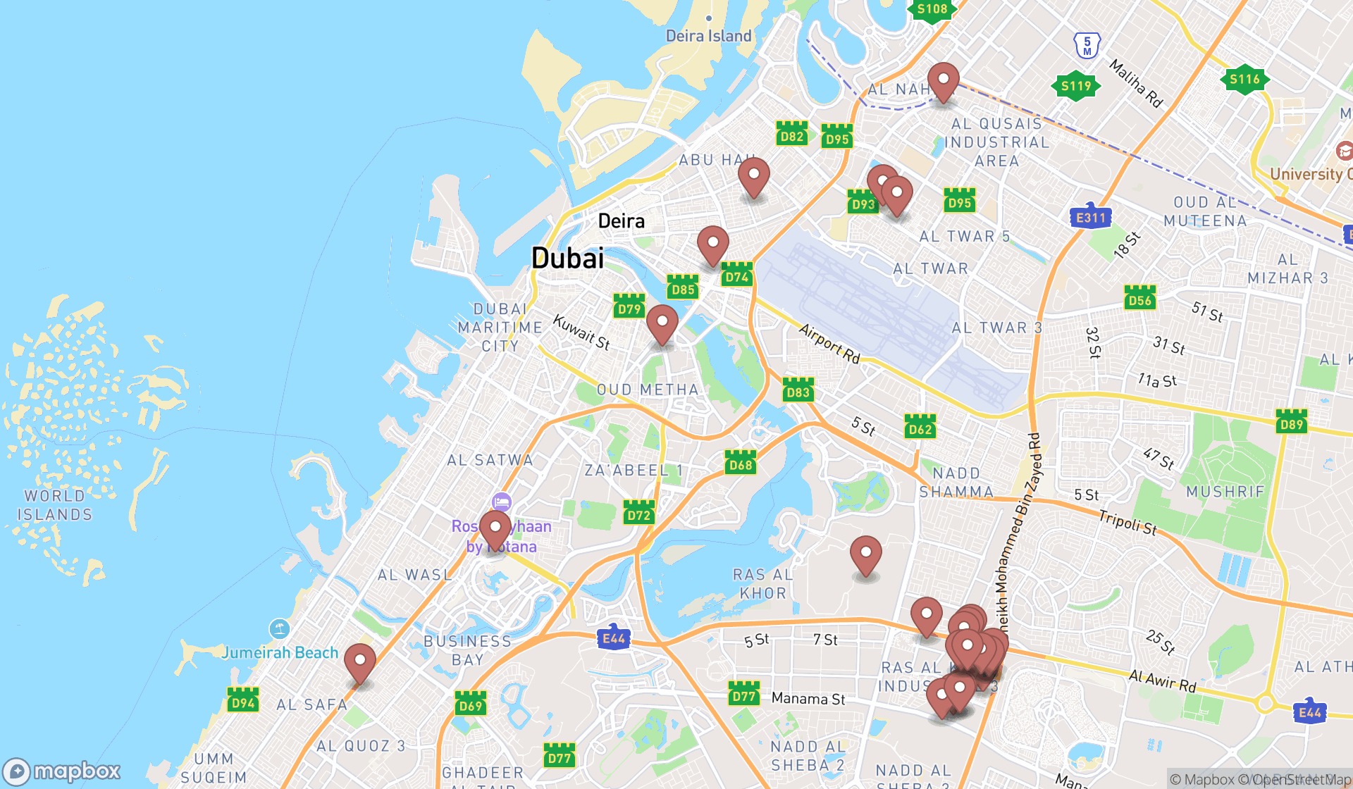 Map showing the search results in Dubai