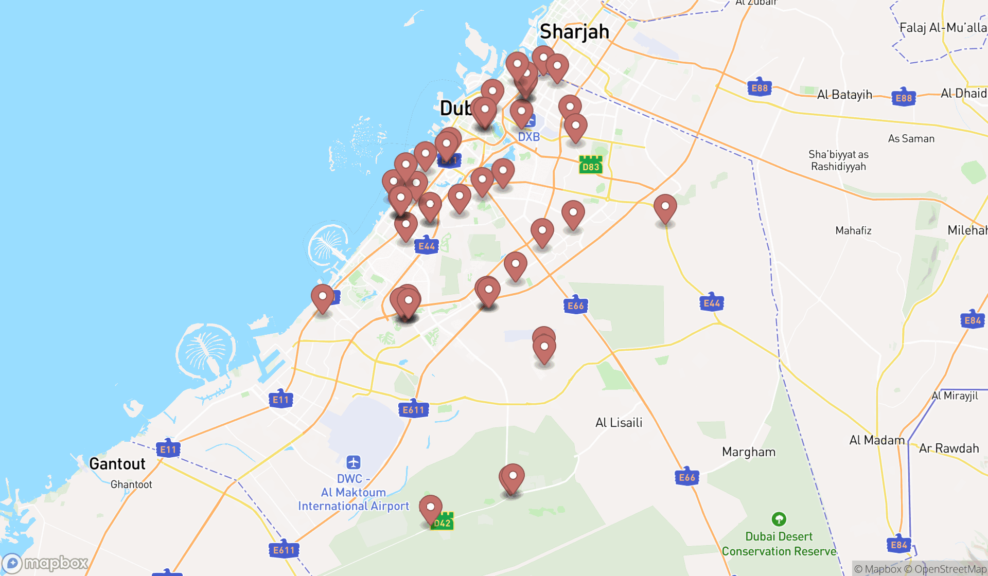 Map showing the search results in Dubai