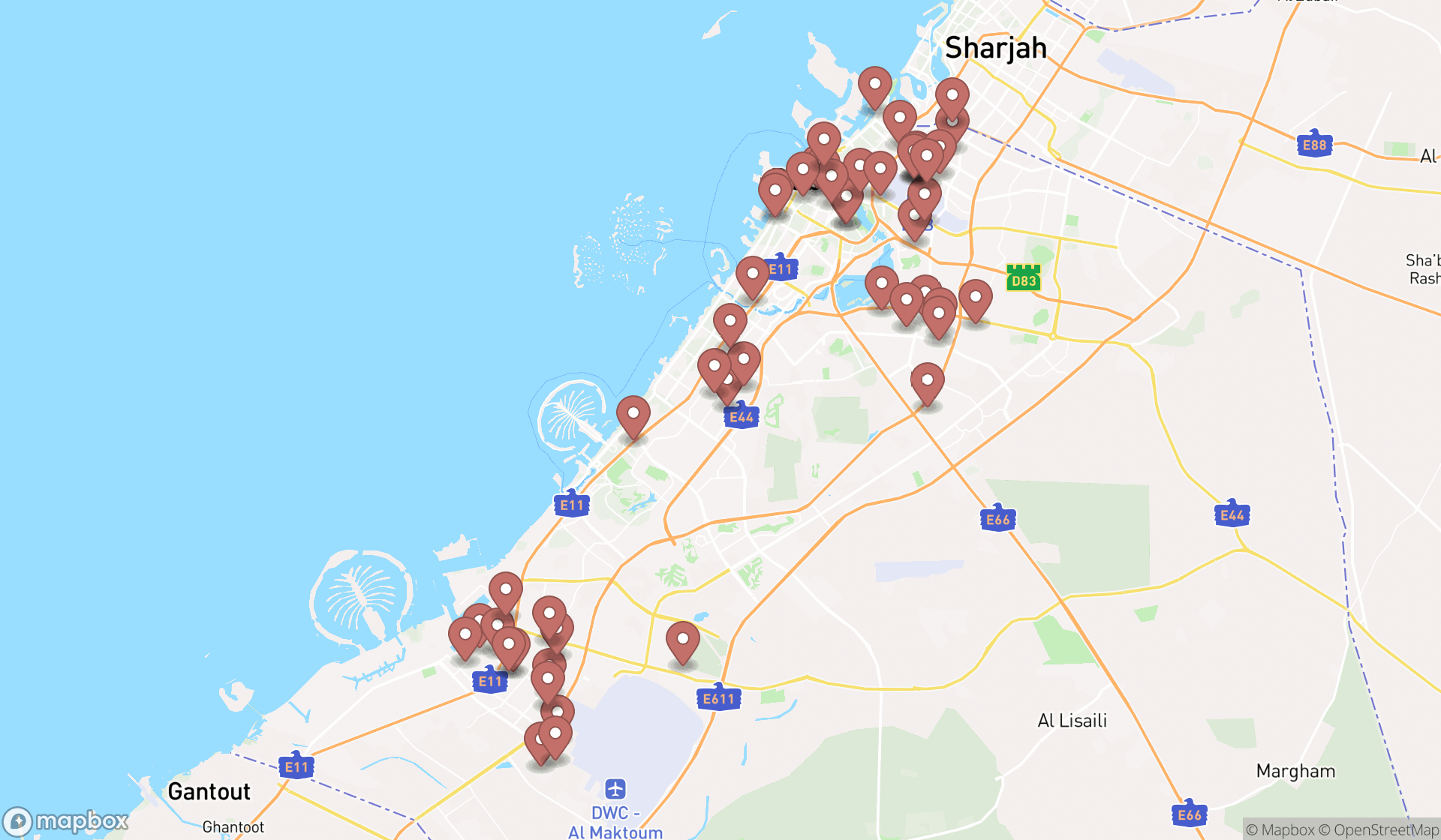 Map showing the search results in Dubai
