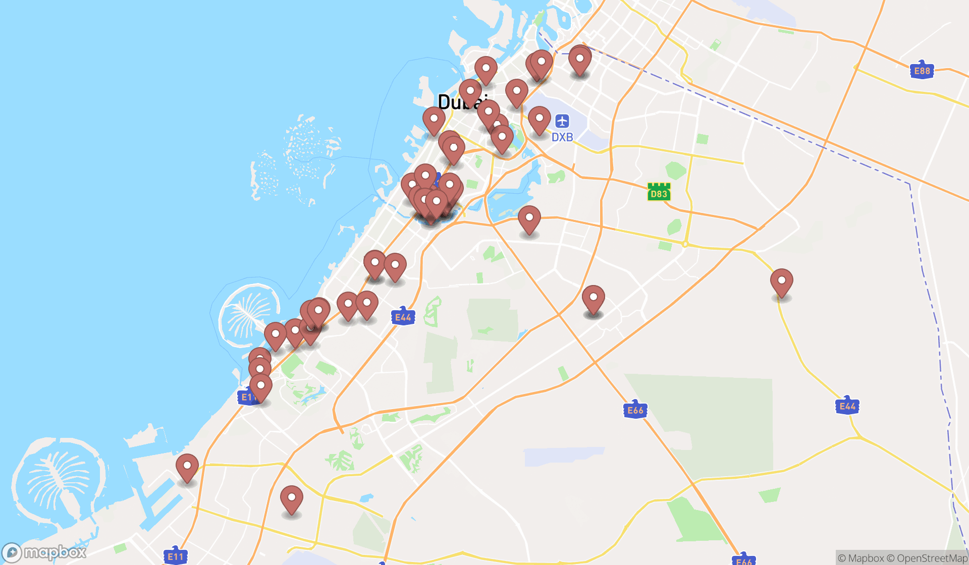 Map showing the search results in Dubai