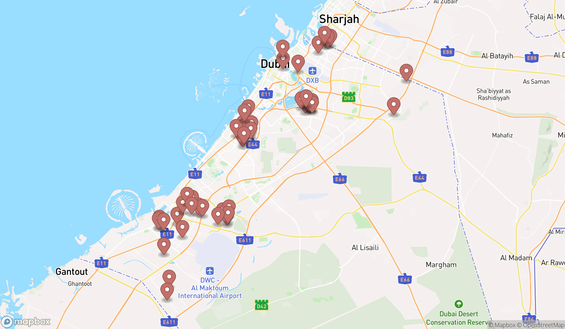 Map showing the search results in Dubai