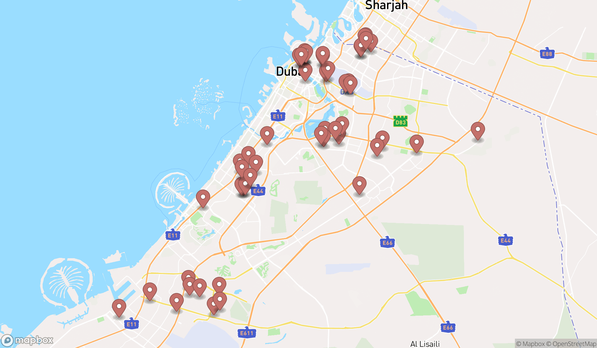 Map showing the search results in Dubai