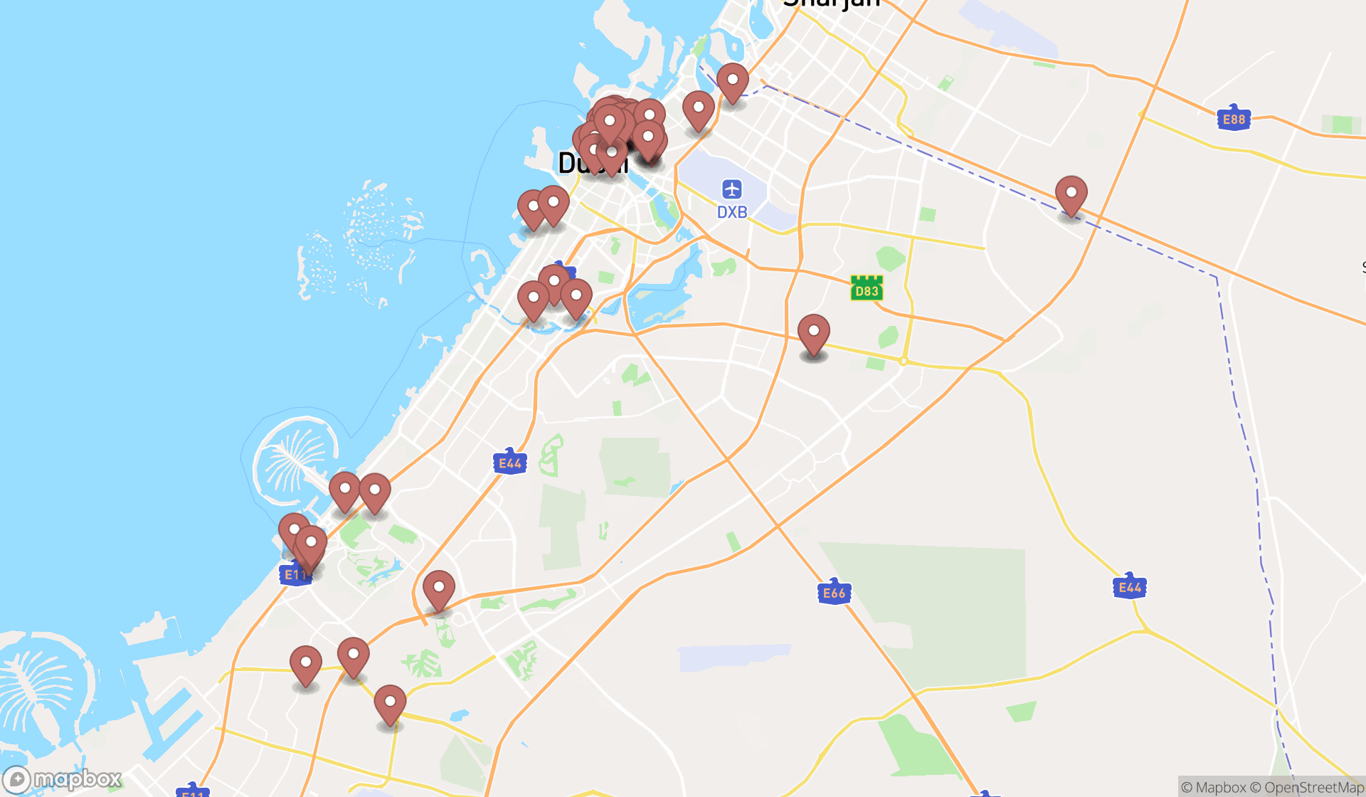 Map showing the search results in Dubai