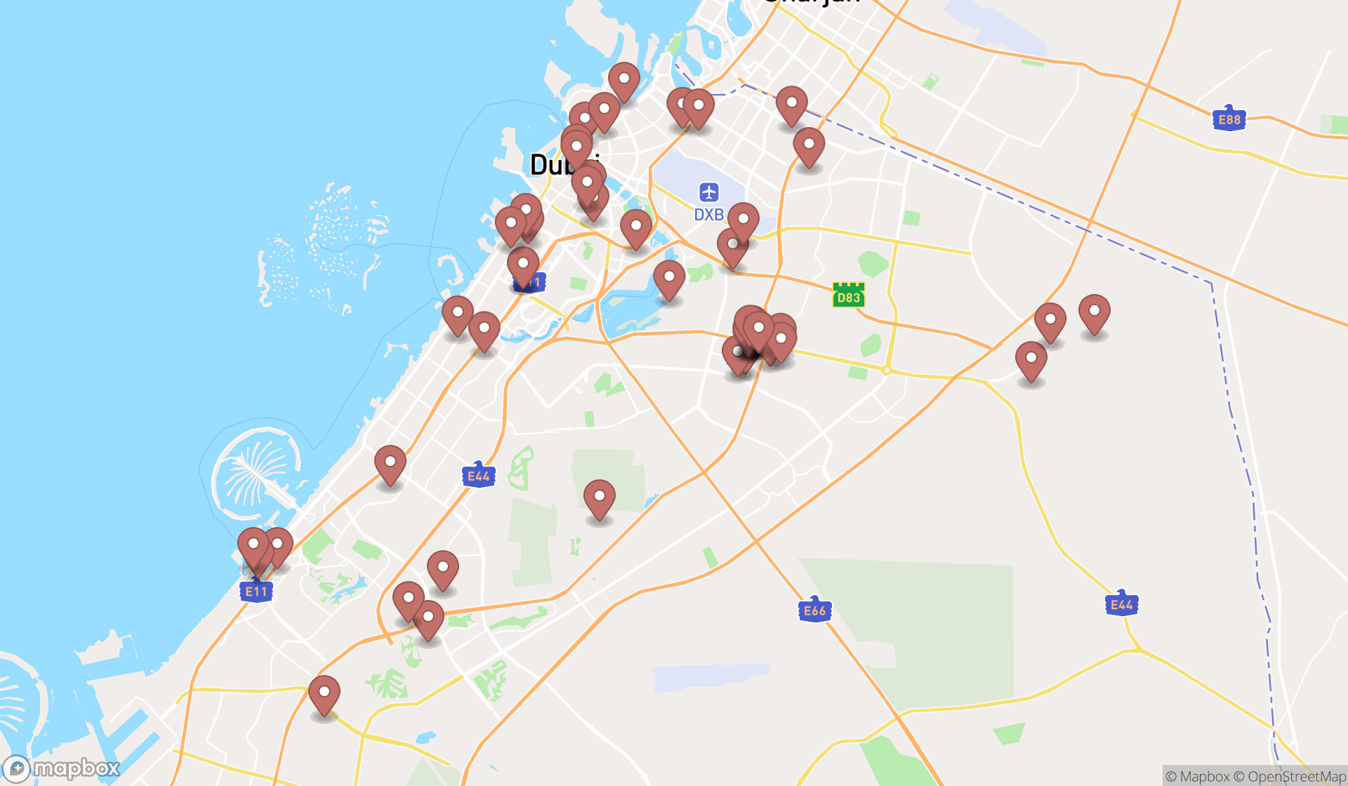 Map showing the search results in Dubai
