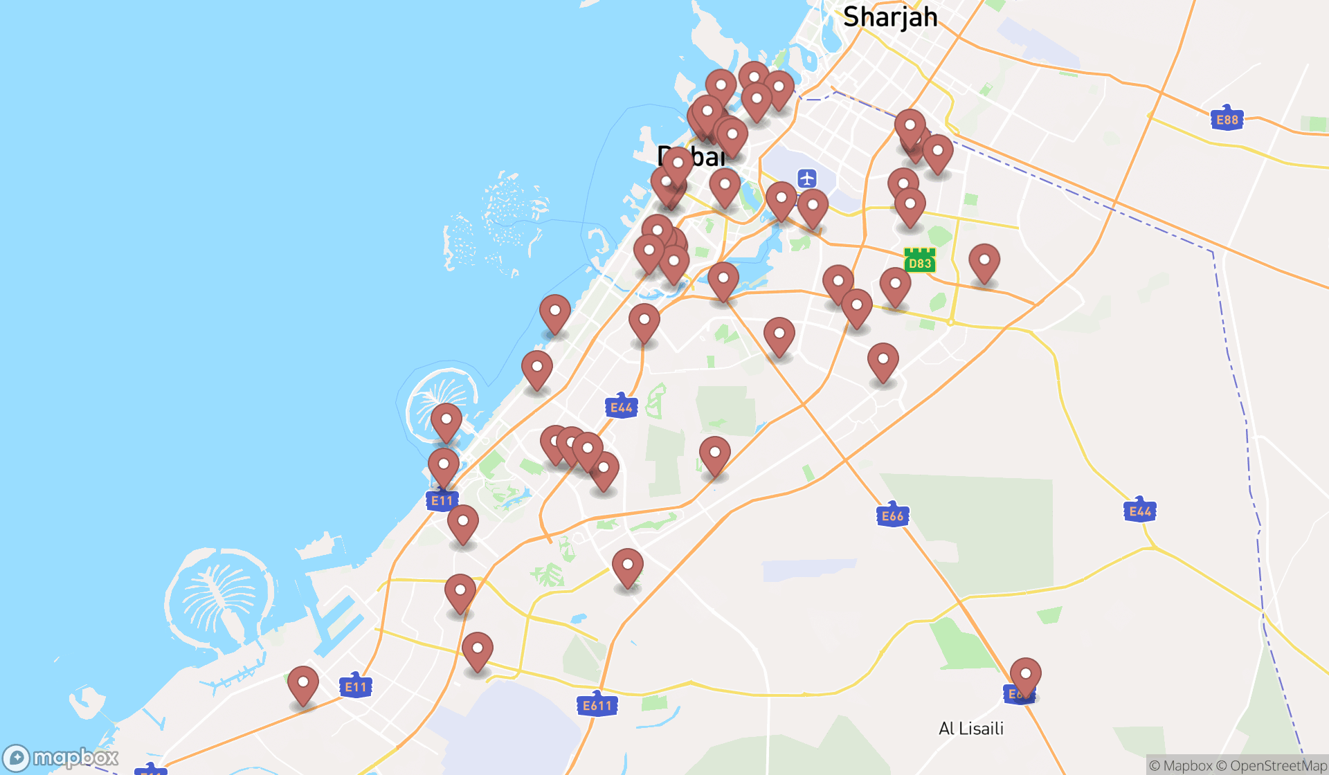 Map showing the search results in Dubai