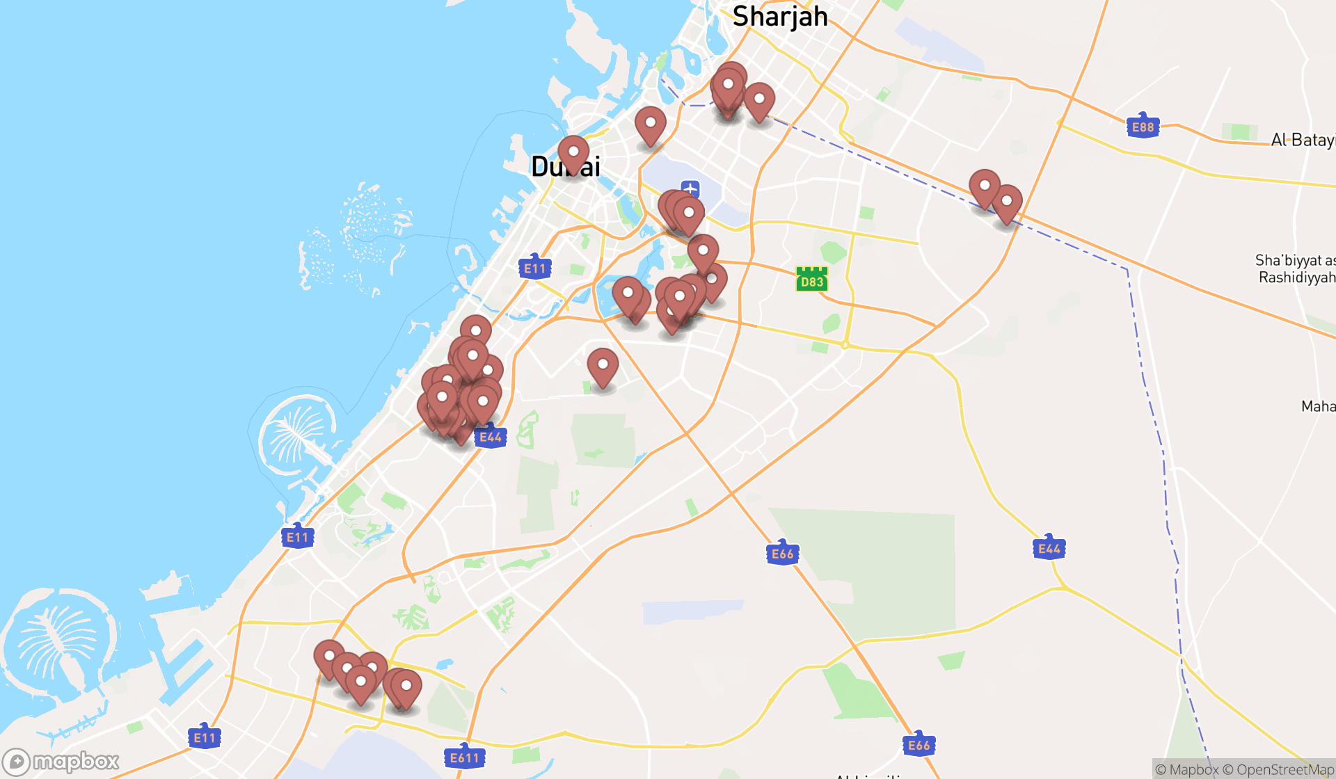 Map showing the search results in Dubai