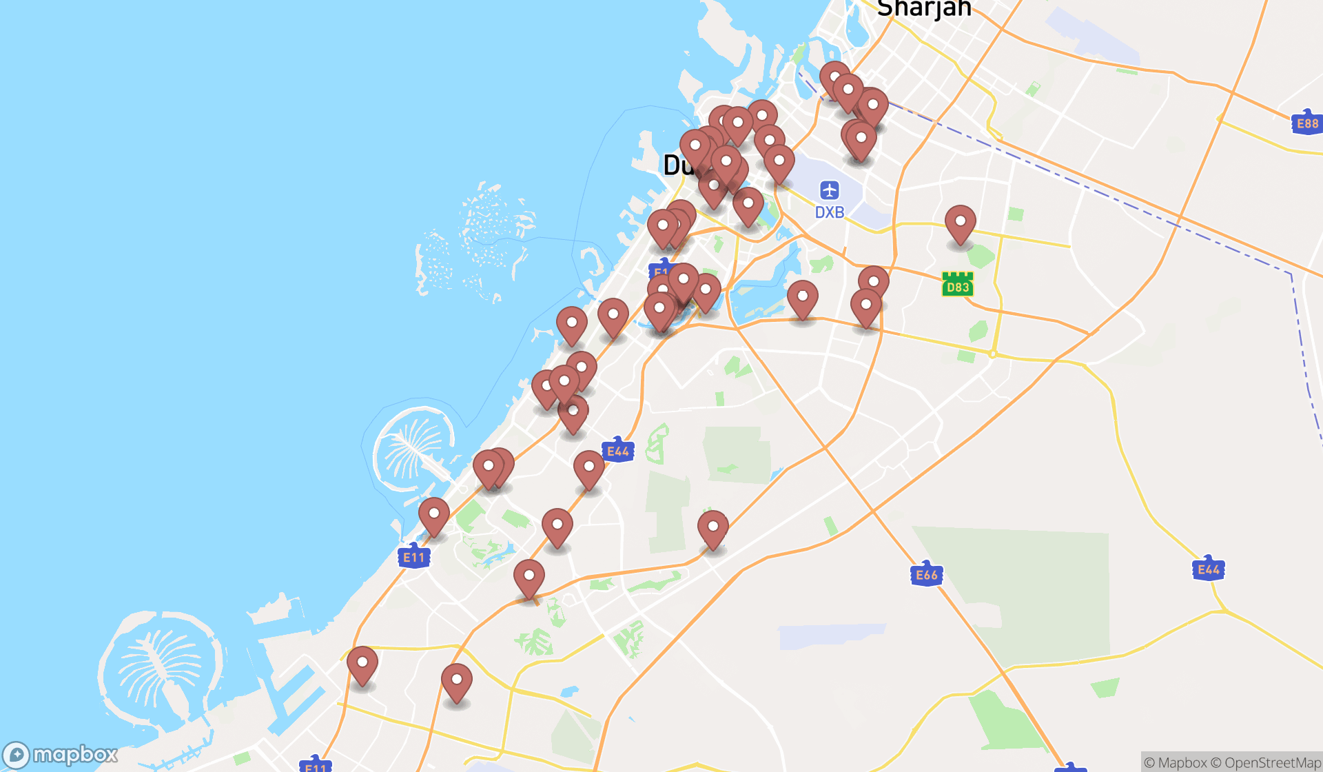 Map showing the search results in Dubai
