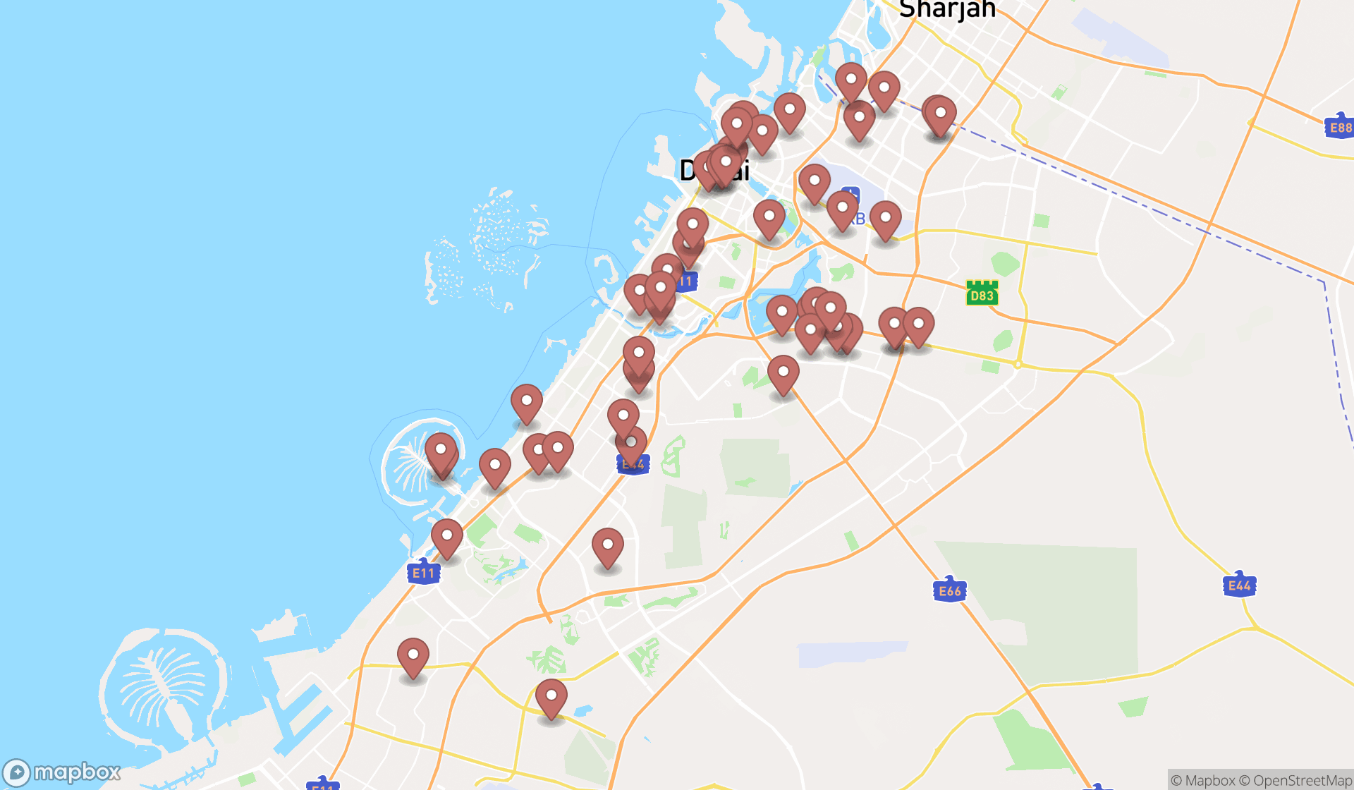 Map showing the search results in Dubai