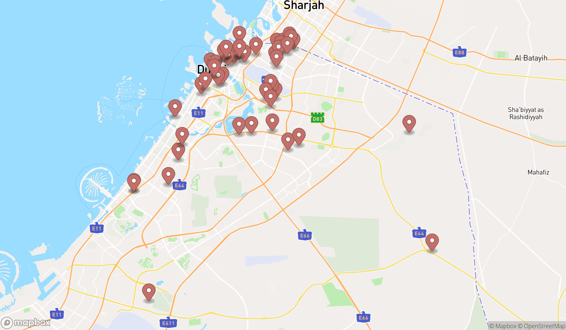 Map showing the search results in Dubai