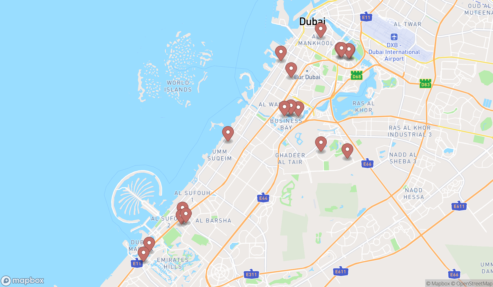 Map showing the search results in Dubai