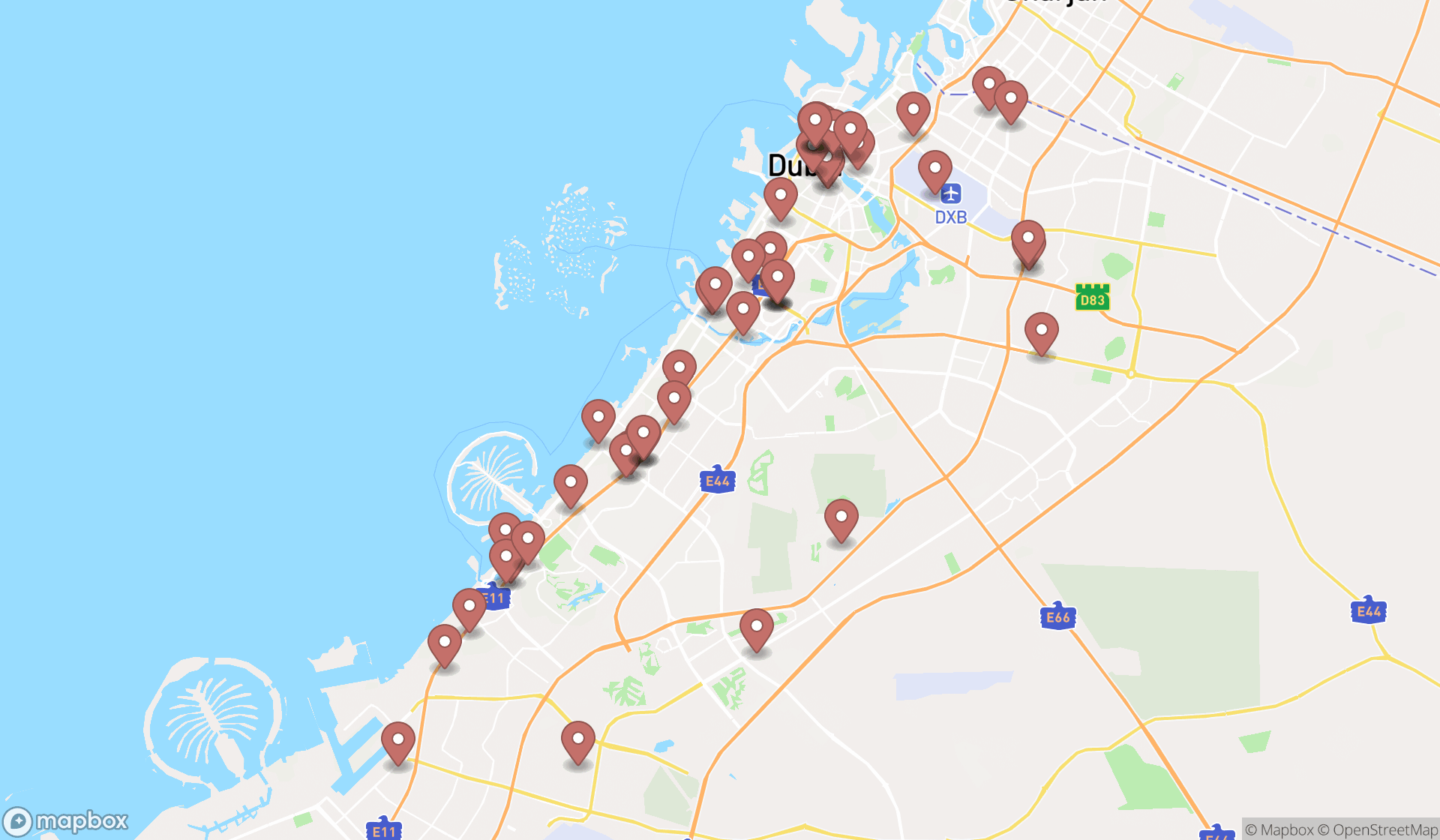 Map showing the search results in Dubai