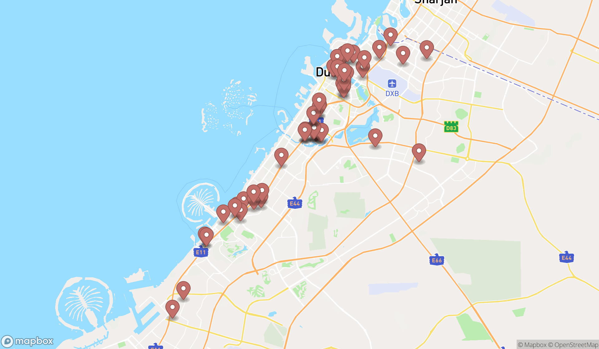 Map showing the search results in Dubai