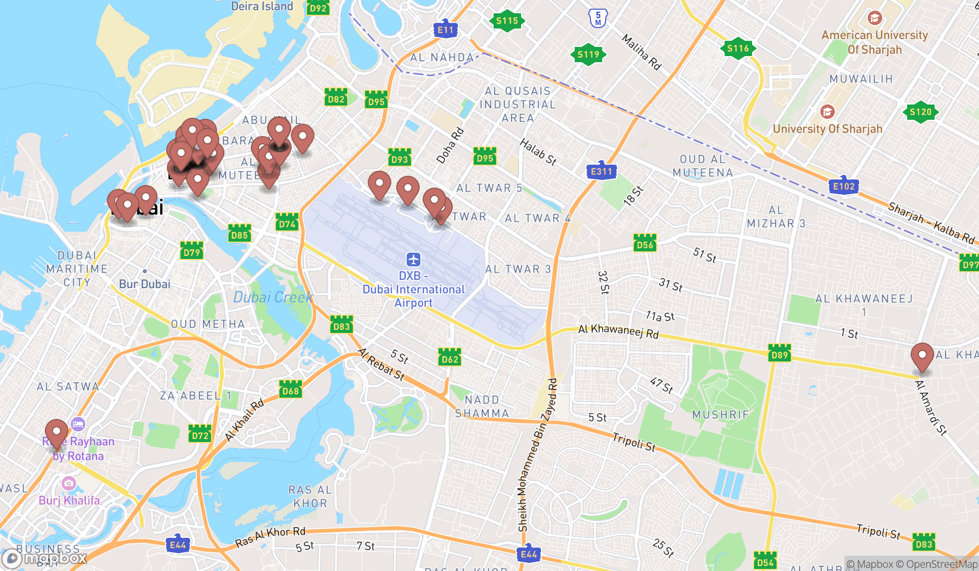Map showing the search results in Dubai