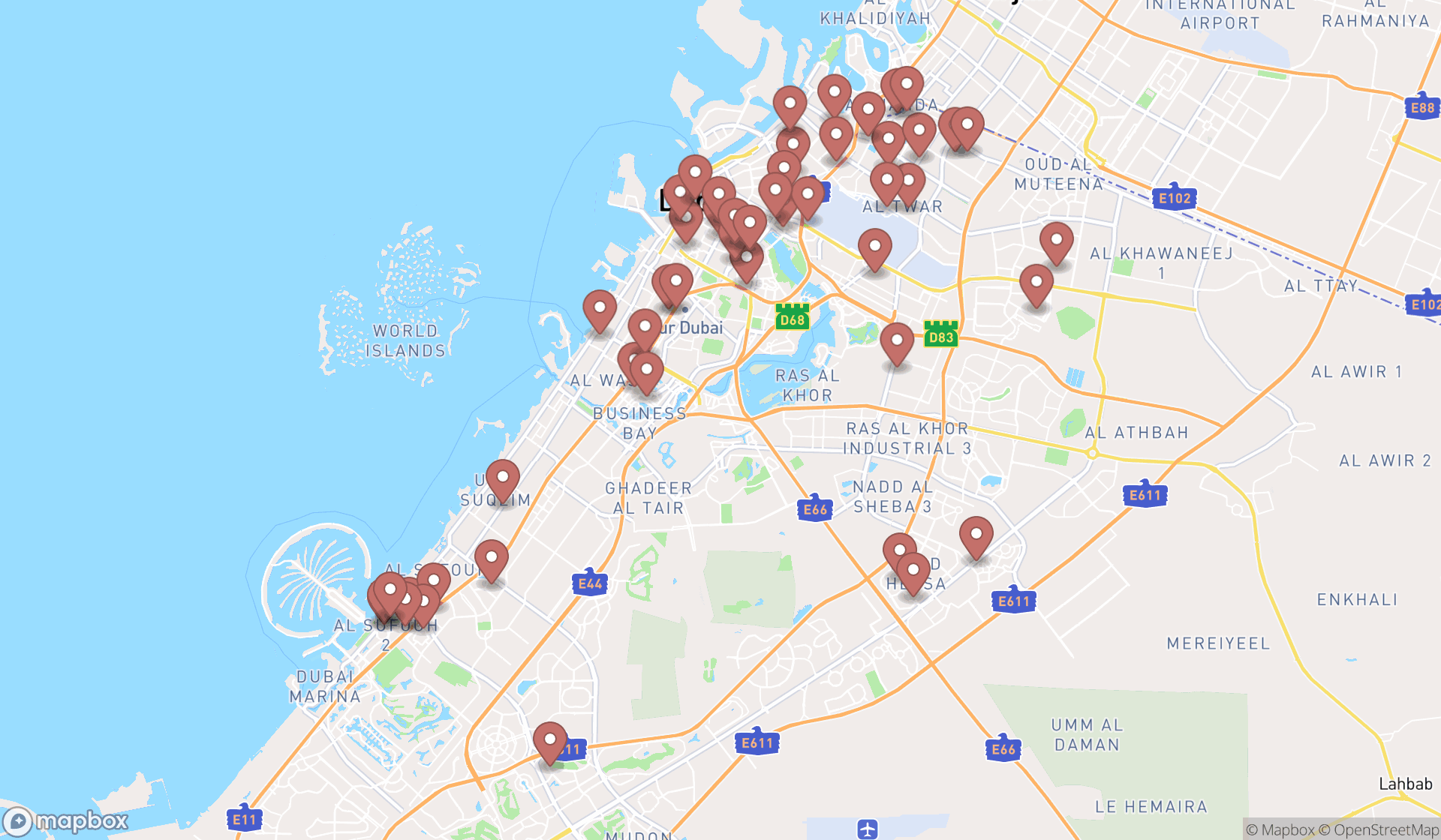 Map showing the search results in Dubai