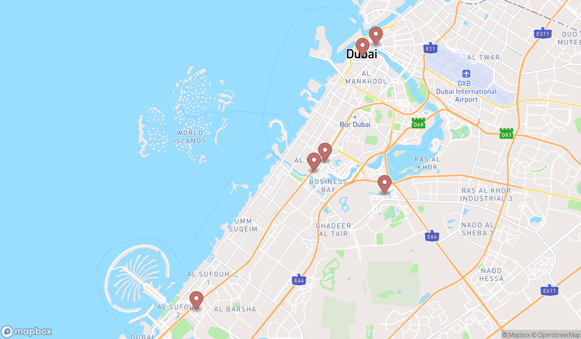 Map showing the search results in Dubai