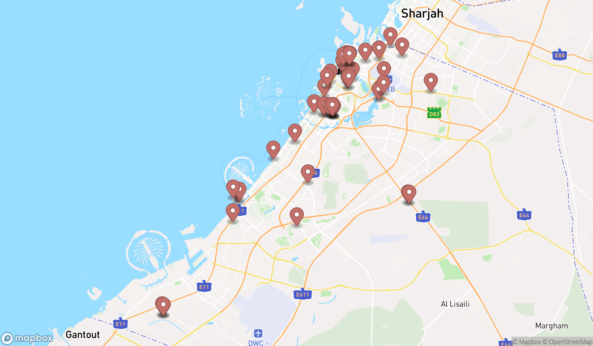 Map showing the search results in Dubai
