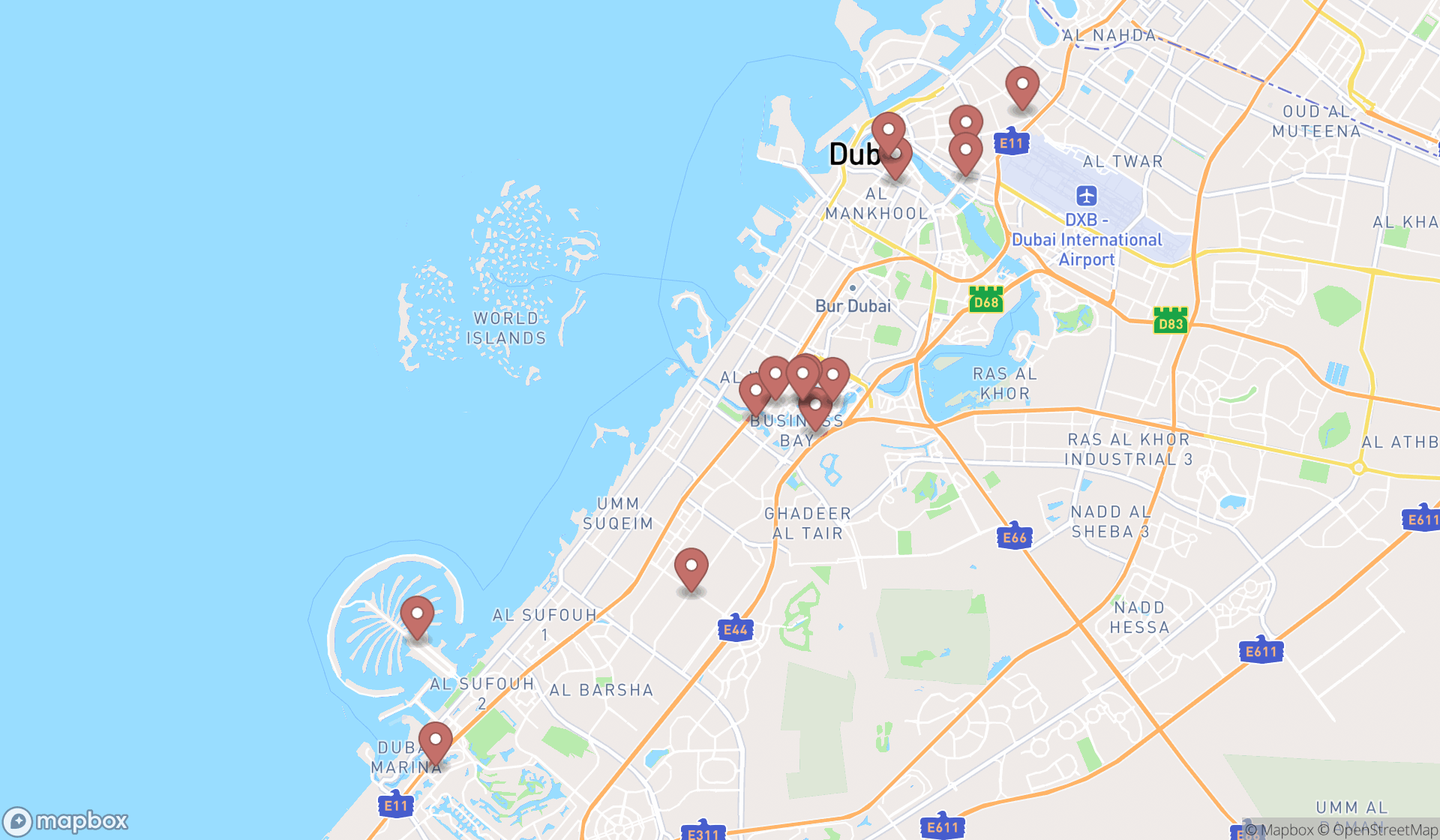 Map showing the search results in Dubai