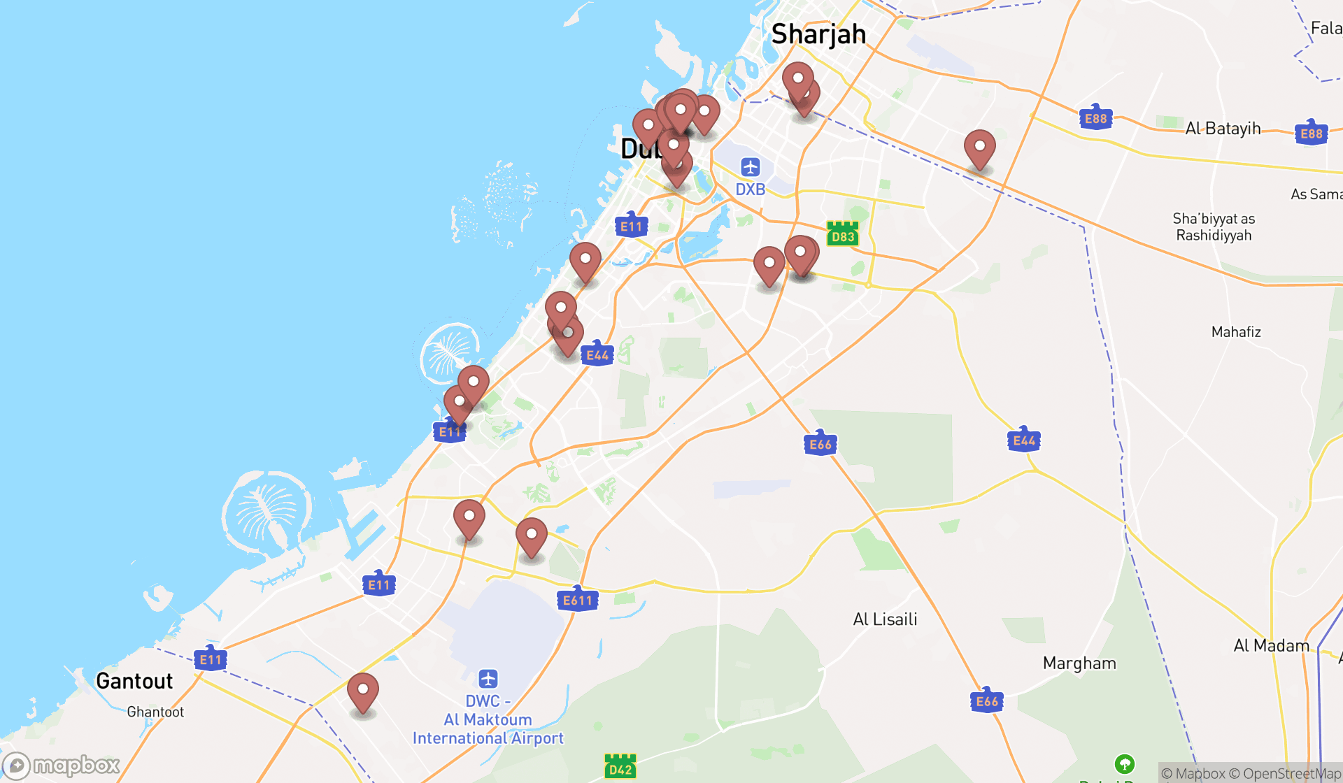 Map showing the search results in Dubai