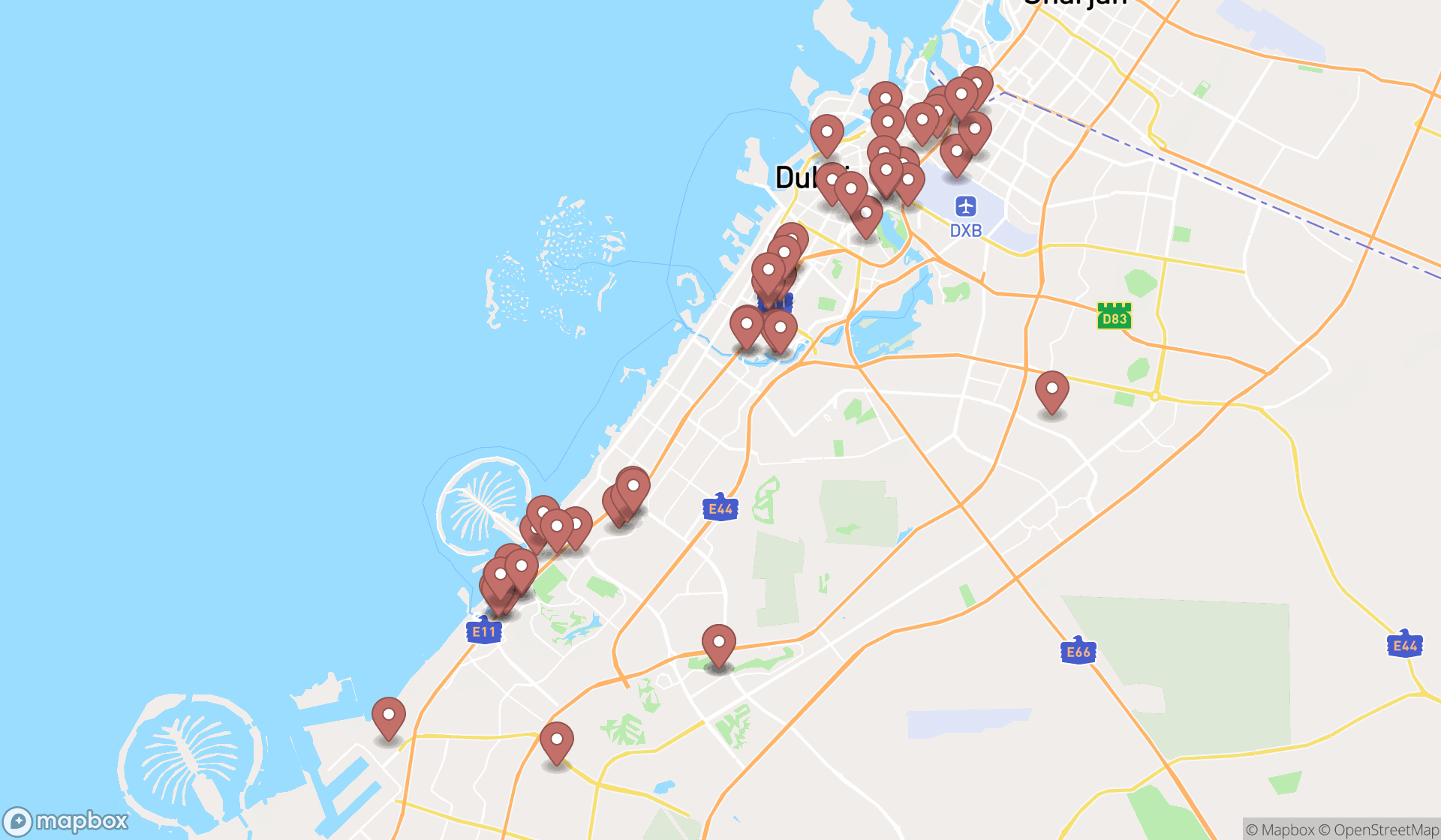 Map showing the search results in Dubai